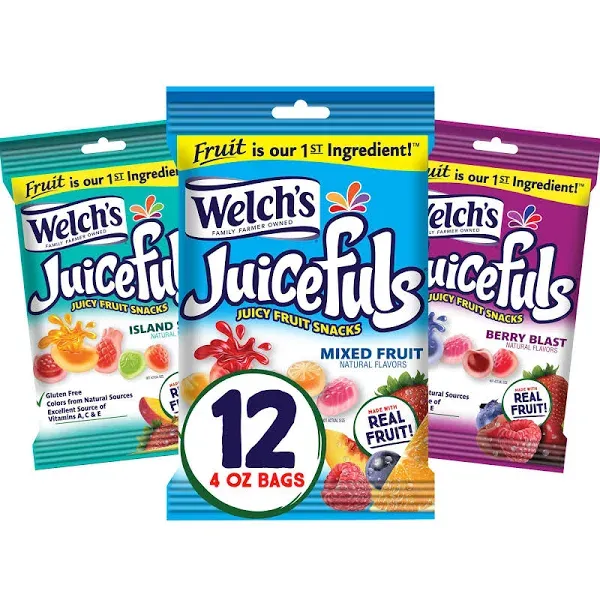 Welch's Juicefuls Juicy Fruit Snacks, Mixed Fruit, Berry Blast & Island Splash Fruit Gushers Variety Pack, Great for School Lunches, Gluten Free, 4