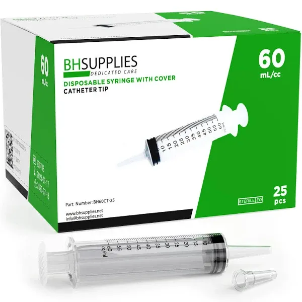 BH Supplies 60mL Syringe Catheter Tip Sterile with Covers - (No Needle) - Sterile, Individually Wrapped - 25 Syringes