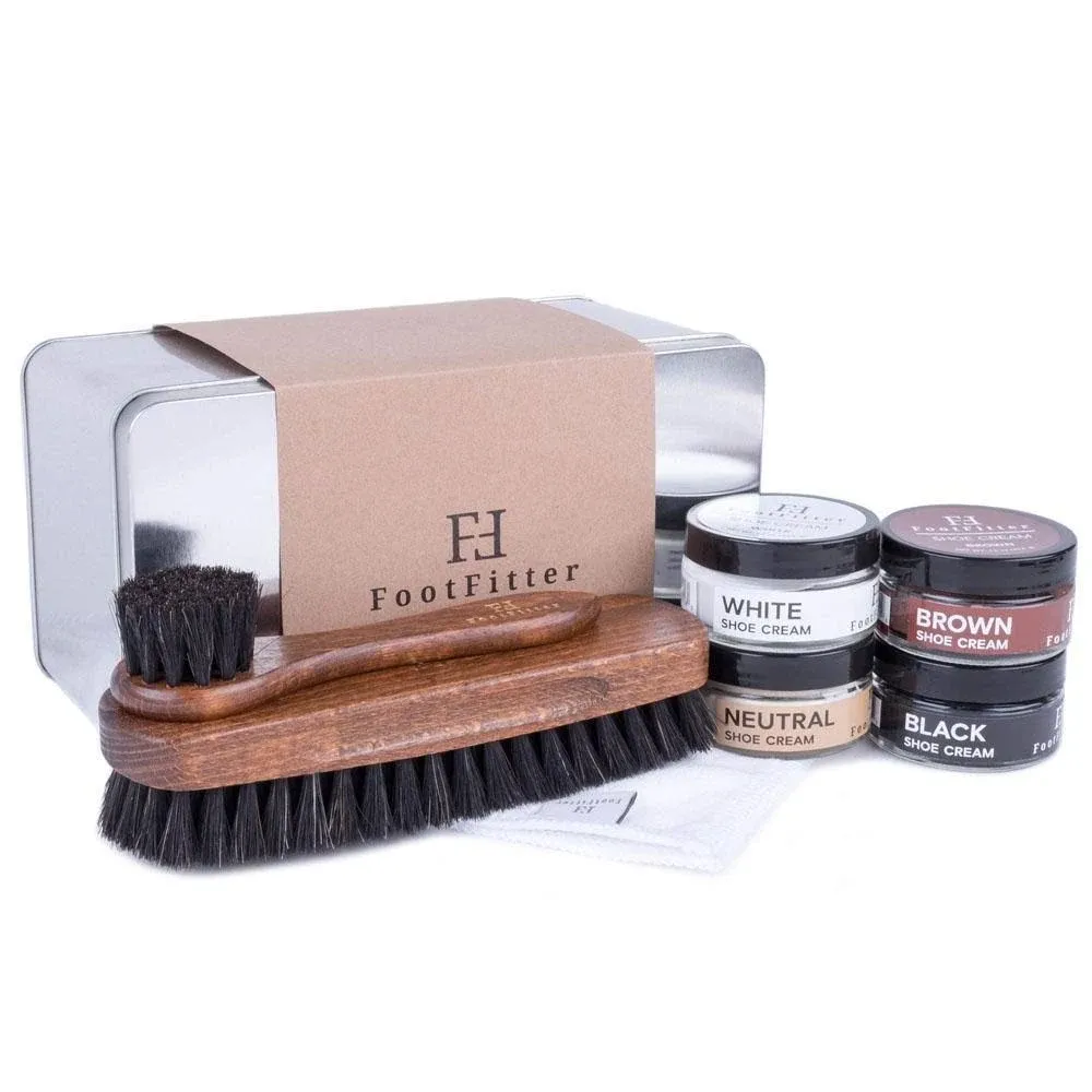 FootFitter Shoe Shine Detailing Set - Horsehair Brushes, Shoe Cream & Shine Cloth, Everyday Shoe Care Kit