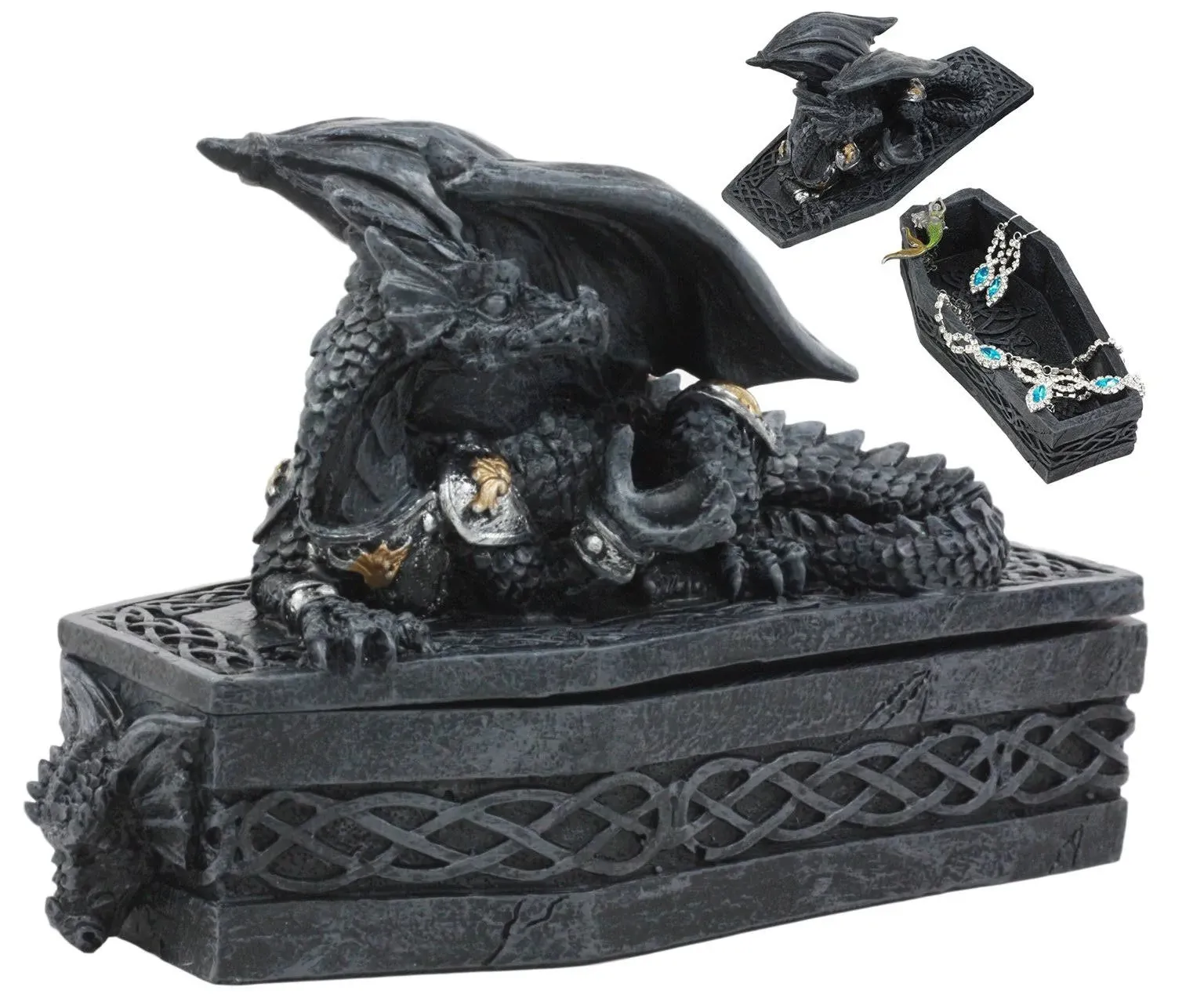 Ebros Celtic Knotwork Mythical Alchemy Dragon On Coffin Decorative Box Trinket Jewelry Box Figurine 6.25"Long