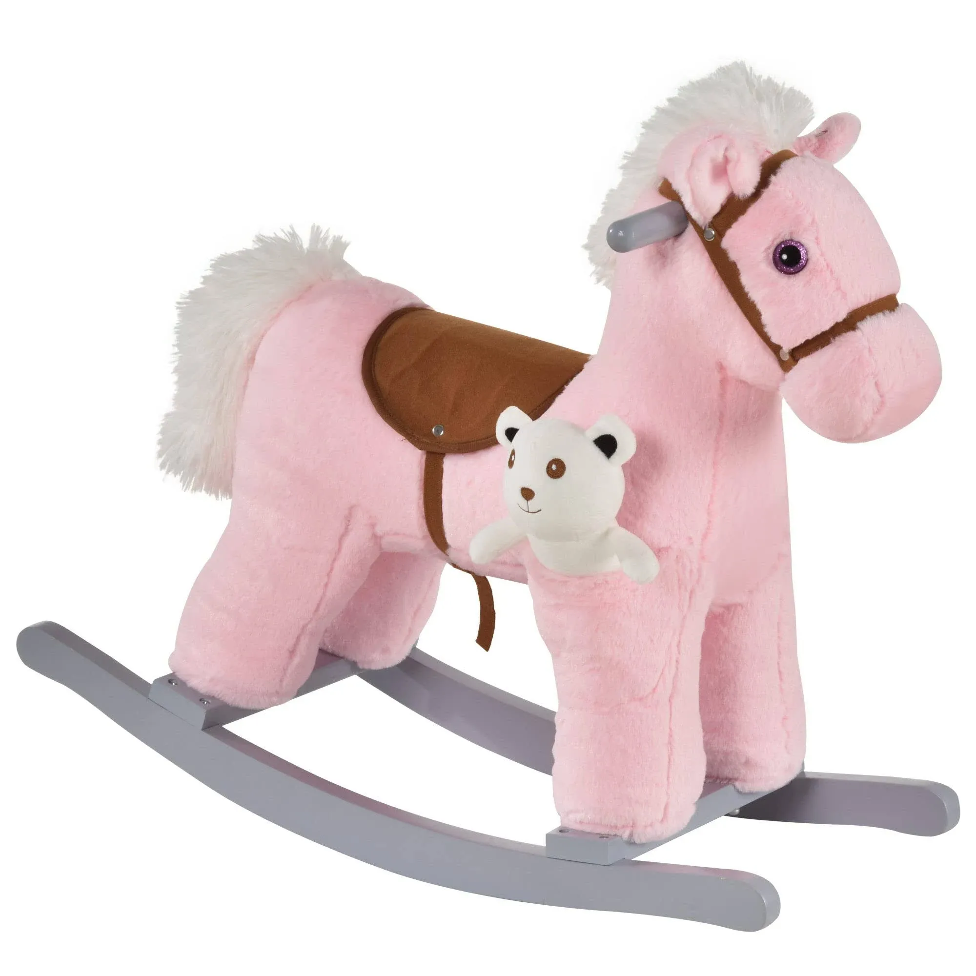 Qaba Kids Plush Ride-On Rocking Horse with Bear Toy Children Chair with Soft Plush Toy & Fun Realistic Sounds Pink