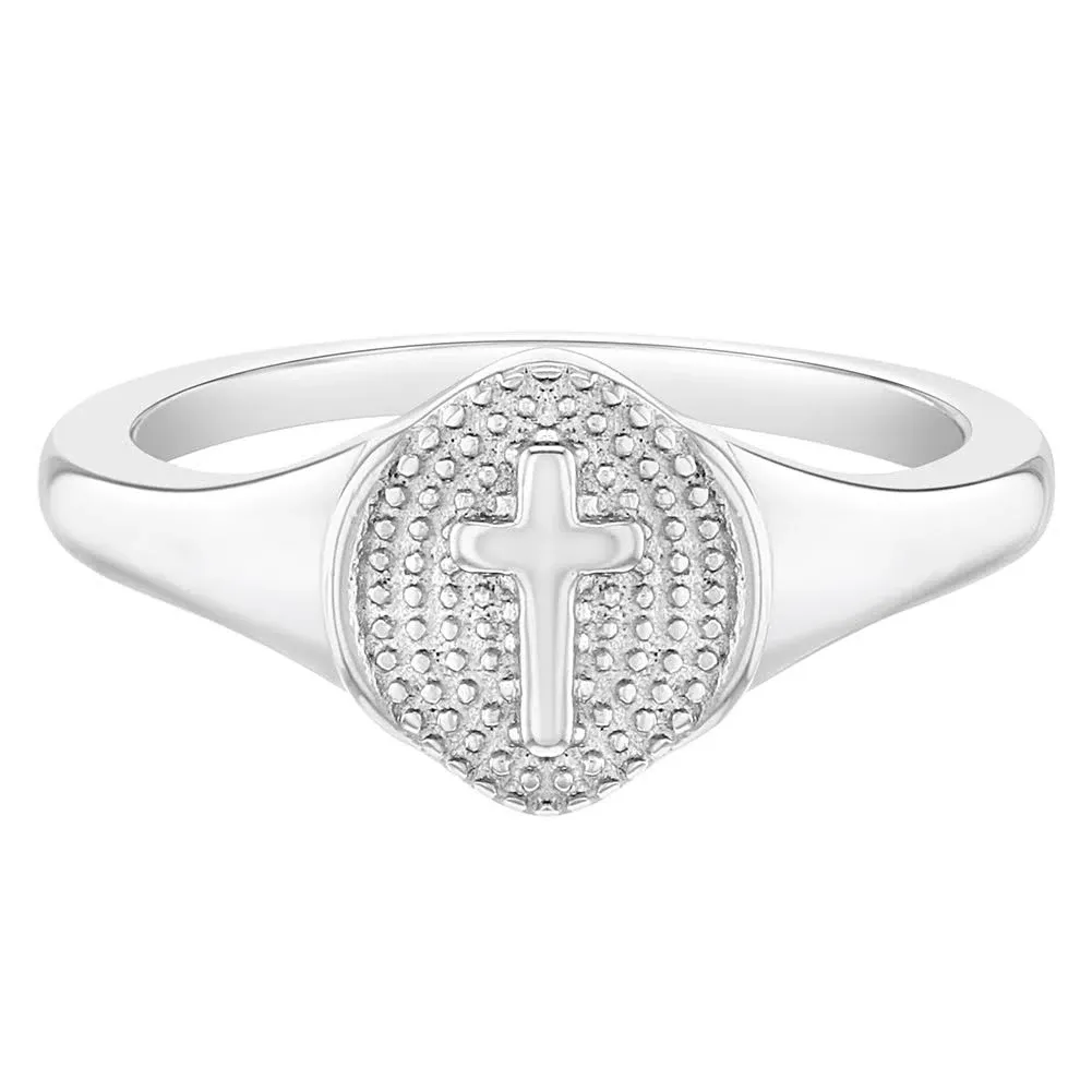 925 Sterling Silver Size 3 Small Signet Religious Cross Ring for Little Girls, Girl's