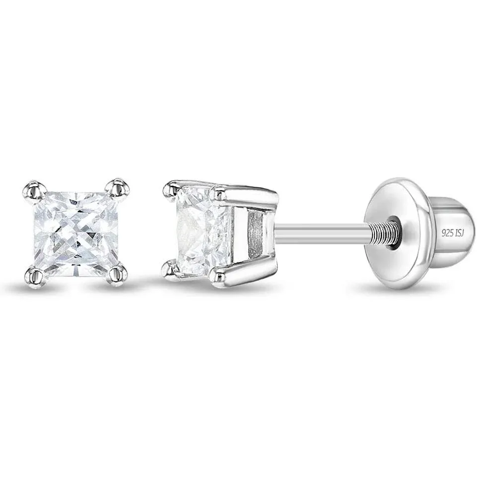 925 Sterling Silver Solitaire Square CZ Screw Back Earrings for Children, Girl's ...