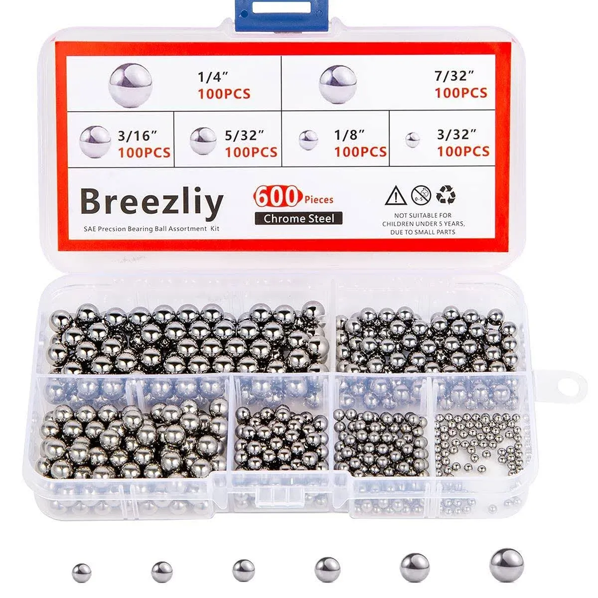 600 Piece 6 Sizes Assorted Loose Bicycle Bearing Balls 1/4" 7/32" 3/16" 5/32" 1/8" and 3/32"