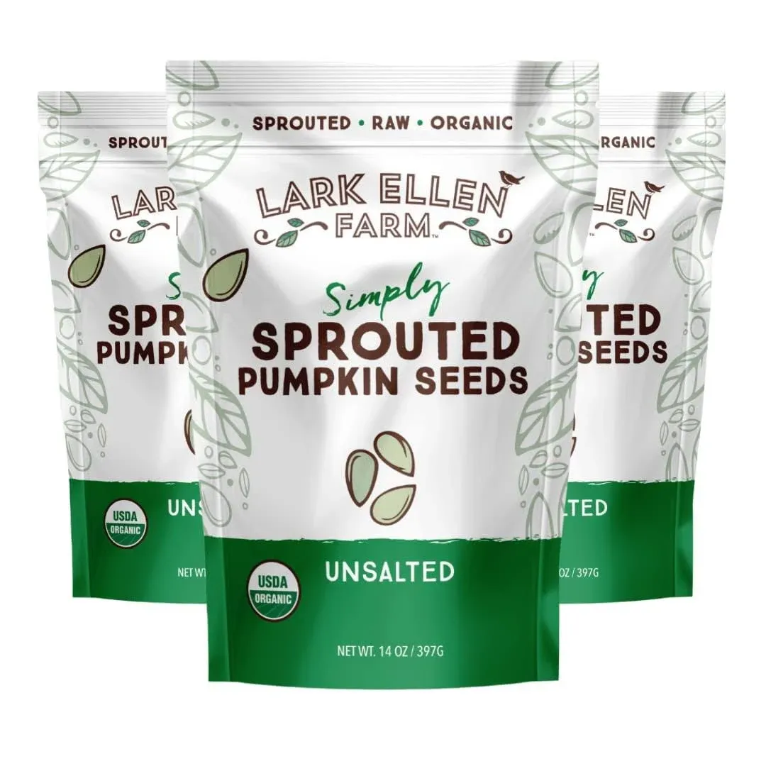 Lark Ellen Farm Sprouted Organic Pumpkin Seeds, Unsalted Raw Pumpkin Seeds Organic, Pepitas, Vegan, Non GMO, Gluten Free, Paleo, and Keto Friendly (14 oz, 3 Pack)