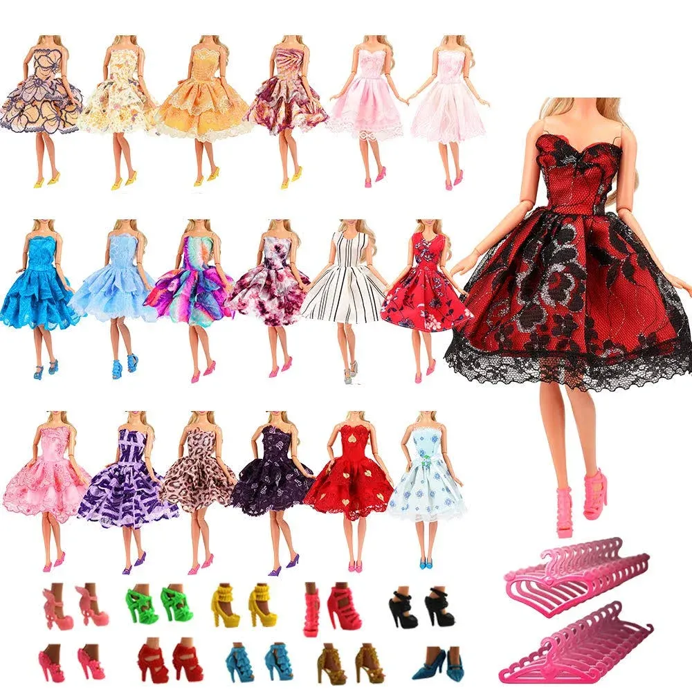 Barwa 5 Pcs Fashion Mini Short Party Dresses Doll Clothes 5 Shoes 5 Hanger