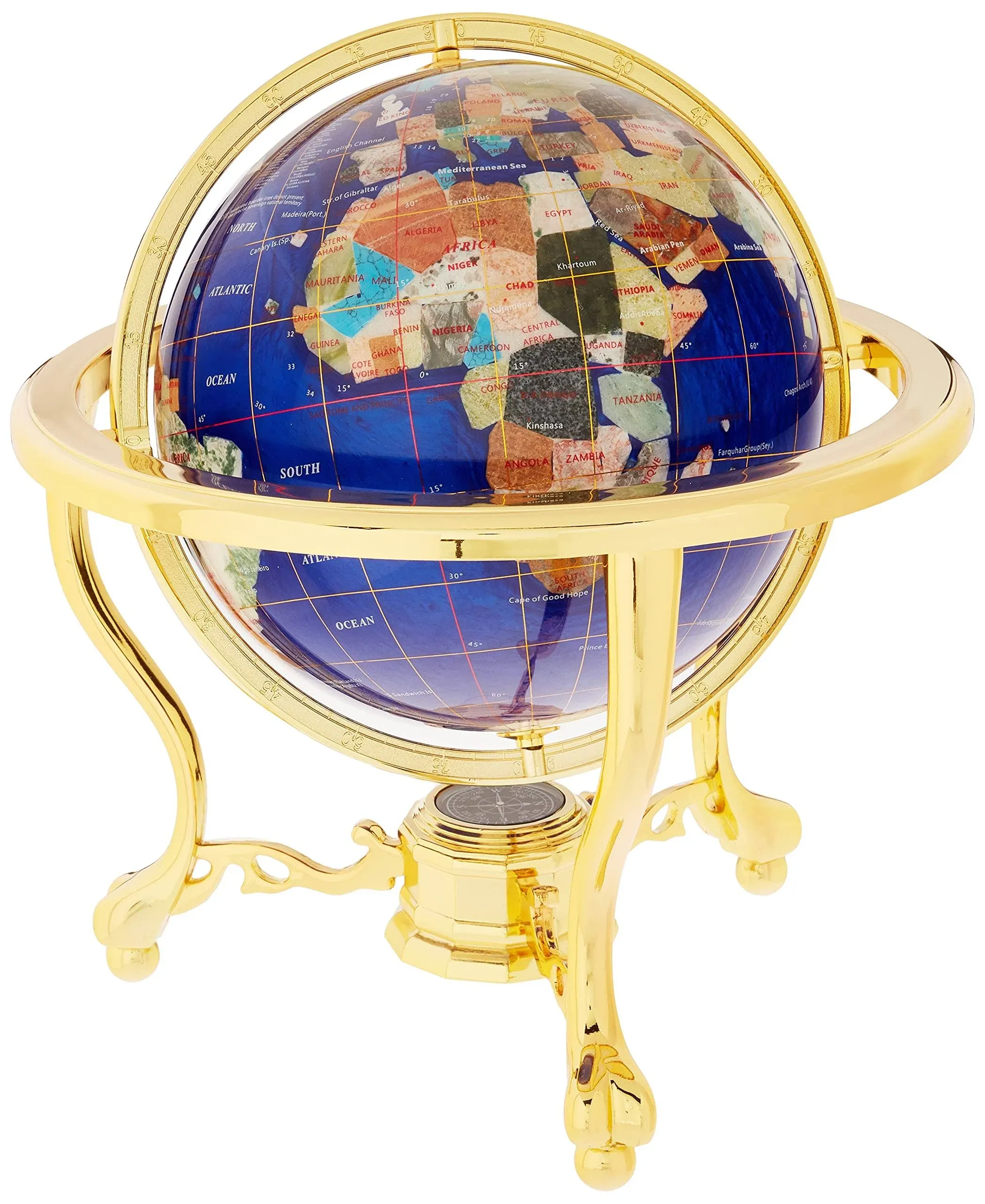 Unique Art 13-Inch Tall Bahama Blue Pearl Swirl Ocean Table Top Gemstone World Globe with Gold Tripod