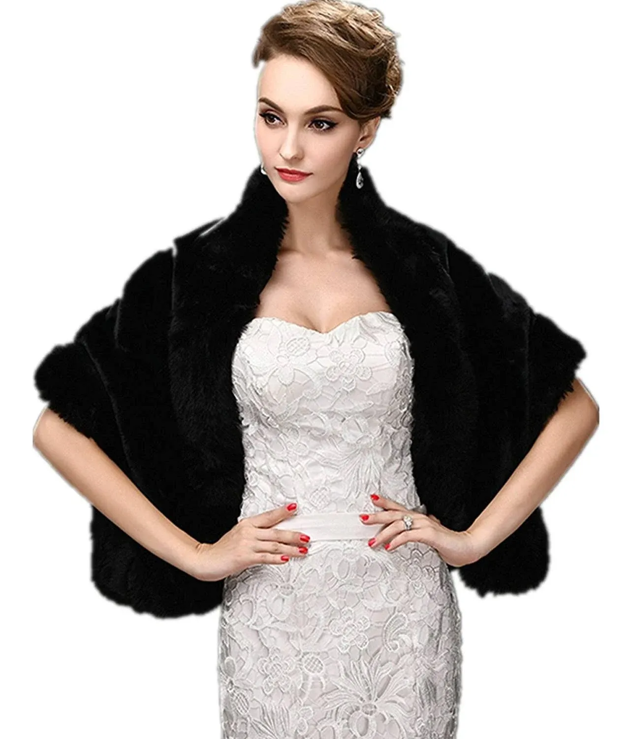 Chitone Women's Black Faux Fur Wrap Cape Stole Shawl Shrug for Wedding/Party/Show