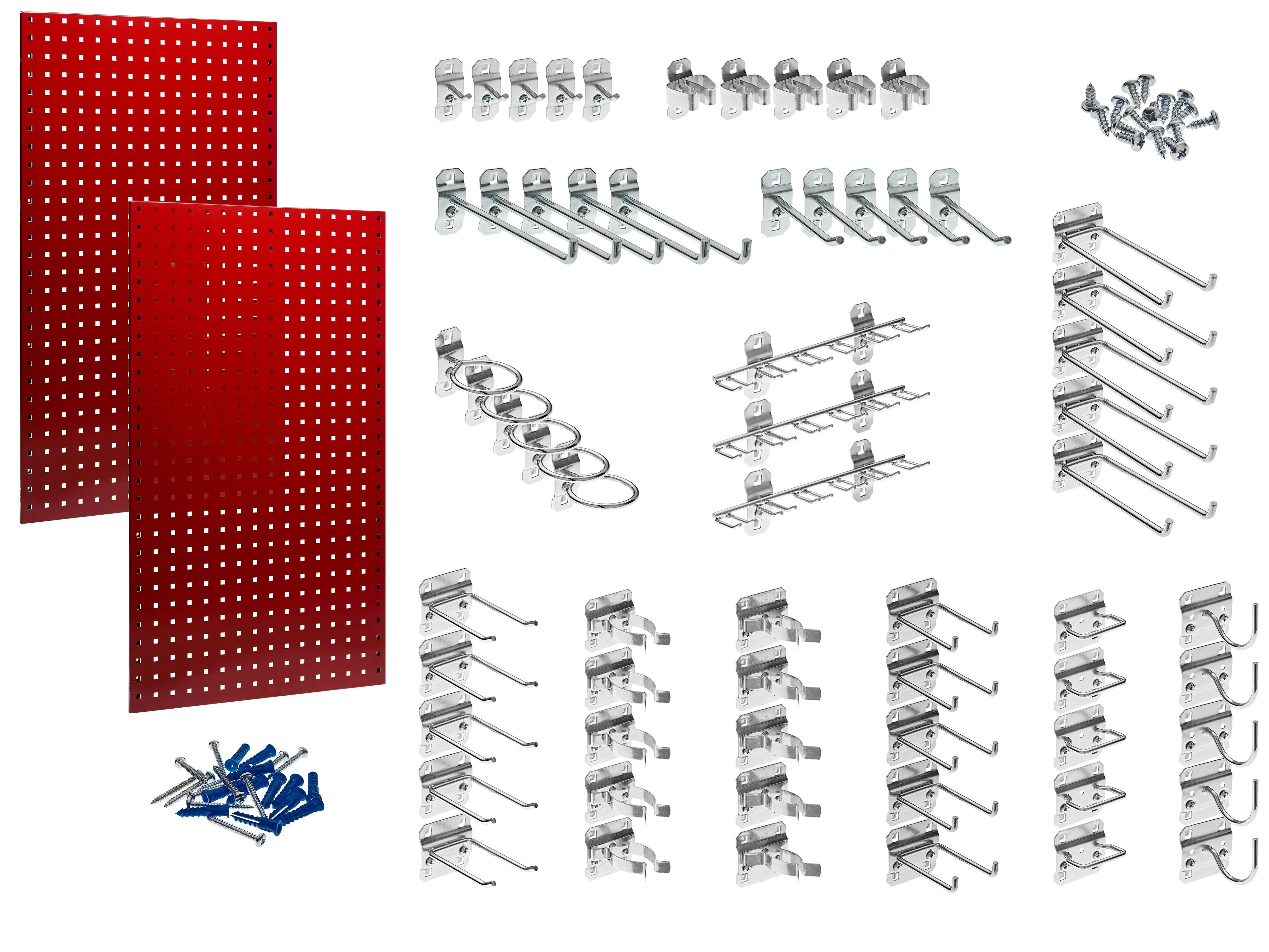 Triton Products (2) 24 in. W x 42-1/2 in. H x 9/16 in. D Red Epoxy, 18-Gauge Steel Square Hole Pegboards w/63-Piece. LocHook Assortment LB2-RKit