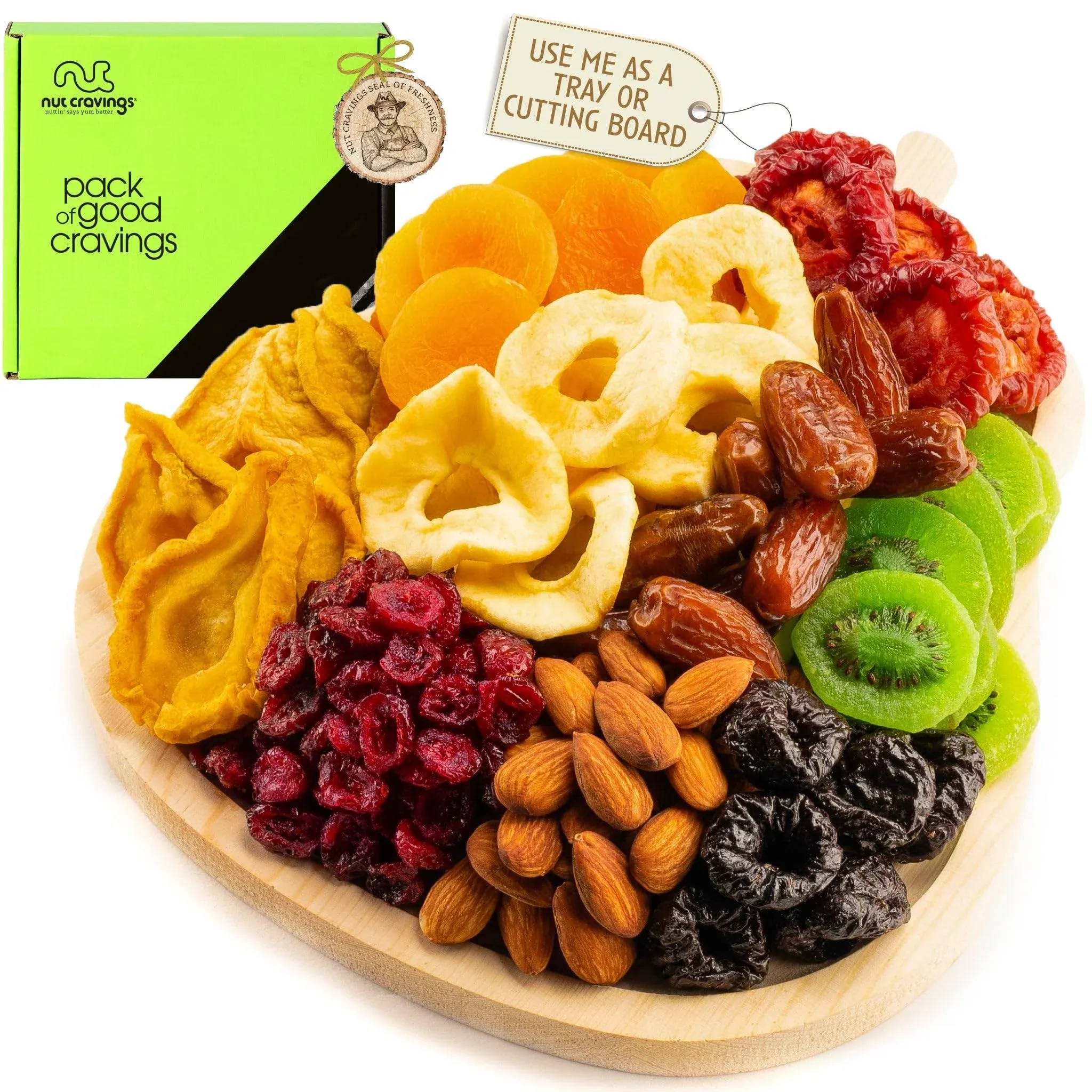 Nut Cravings Gourmet Collection - Dried Fruit & Mixed Nuts Gift Basket in Wooden Pear-Shaped Tray (9 Assortments) Teacher Appreciation Arrangement