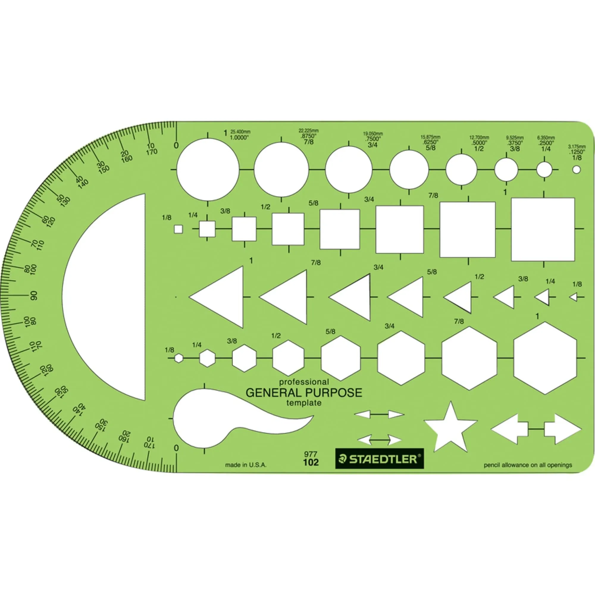 Staedtler Template, Geometric Shapes/Symbols, Protractor, Inch Scale, 9.5 x 5.5 Inches (977102)