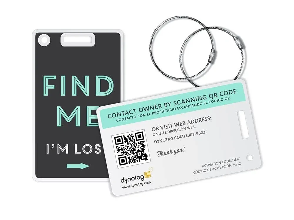 Dynotag® Web Enabled Smart Fashion Luggage ID Tags, with DynoIQ™ & Lifetime Recovery Service. 2 Identical Tags+Chains (Find Me!)