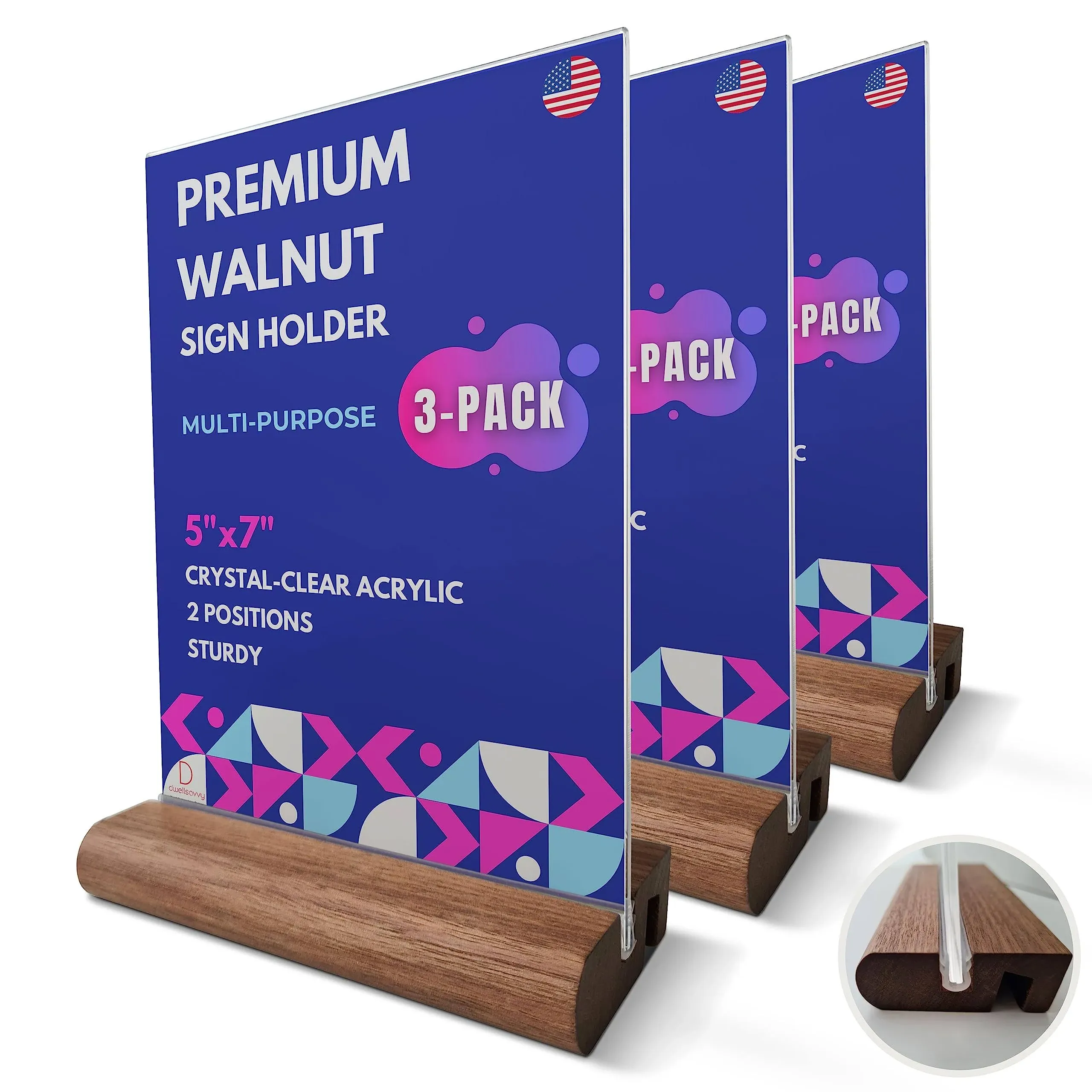 Premium Menu Holder Set 3-Pack - 5X7 In Walnut Wood Base and Crystal-Clear Ac...