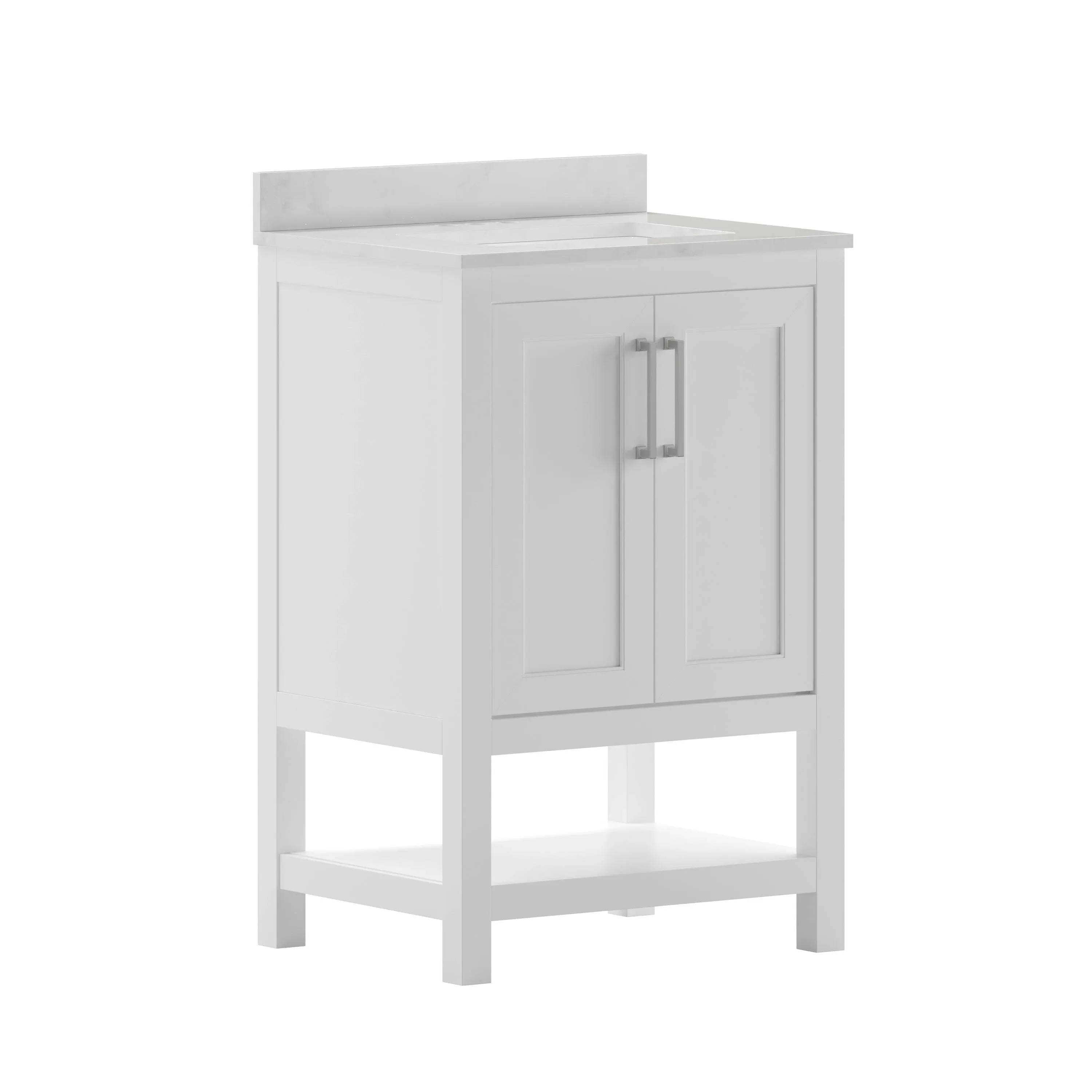 Flash Furniture 24 in. Vega Bathroom Vanity with Sink Combo Storage Cabinet with Soft Close Doors & Open Shelf Carrara Marble Finish Countertop White