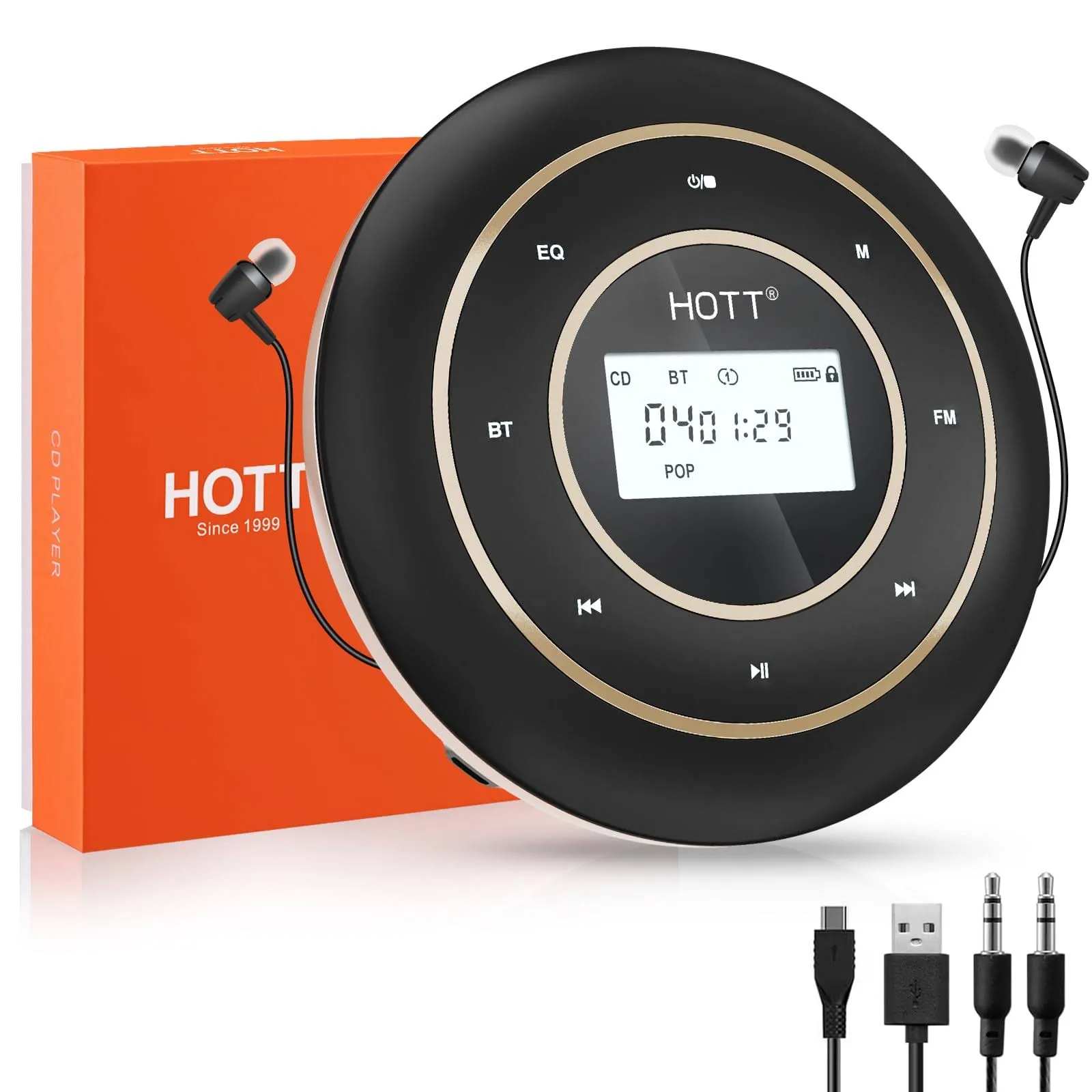 HOTT C105 Portable CD Player Bluetooth and FM Transmitter Rechargeable Compact CD Player with Touch Buttons Backlit Display Black