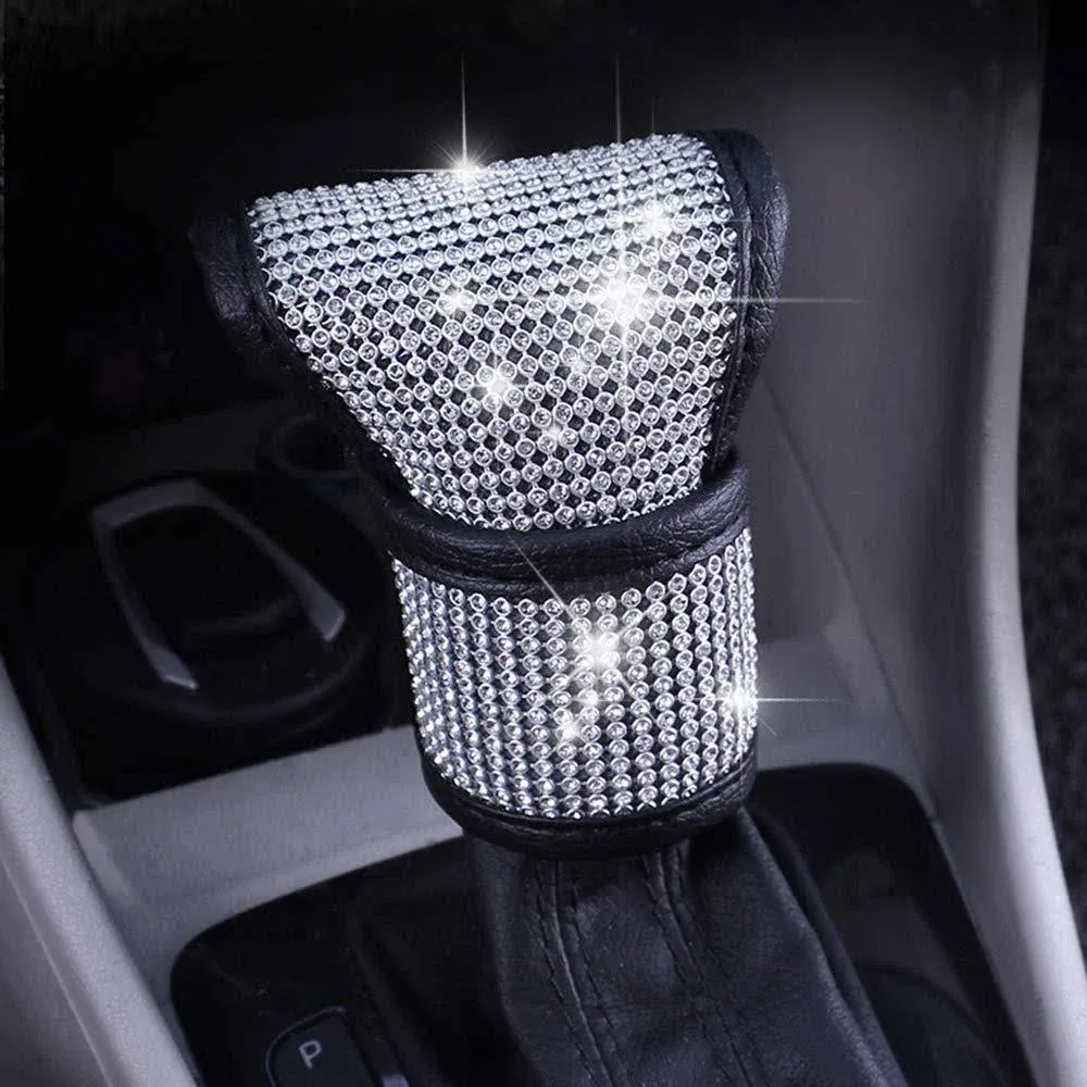 Leather Auto Gear Shift Knob Cover With Crystal Glitter Bling Rhinestones For Gi