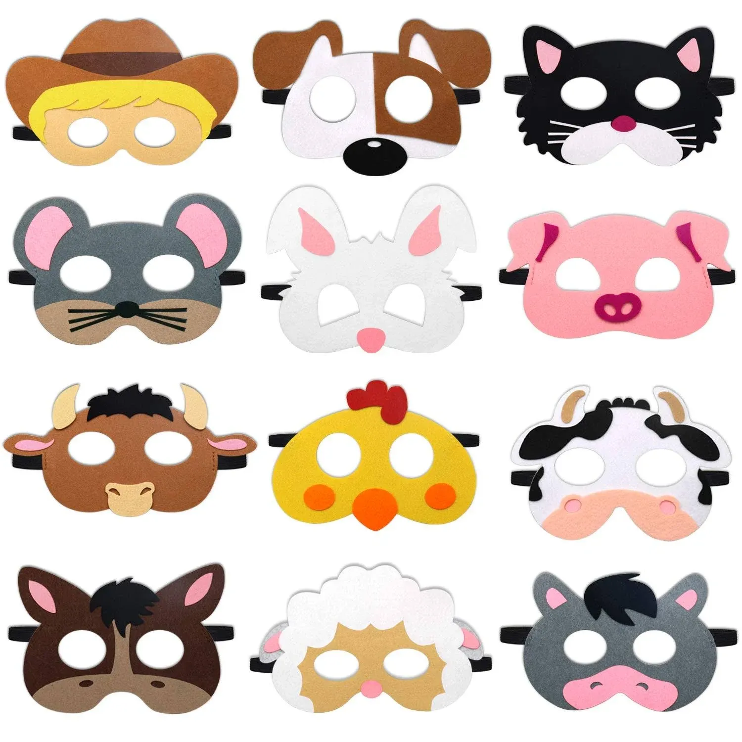 CiyvoLyeen Farm Animal Party Masks Barnyard Animal Felt Masks for Petting Zoo Farmhouse Theme Birthday Party Favors Kids Costumes Dress-Up Party Supplies(12 Pieces)