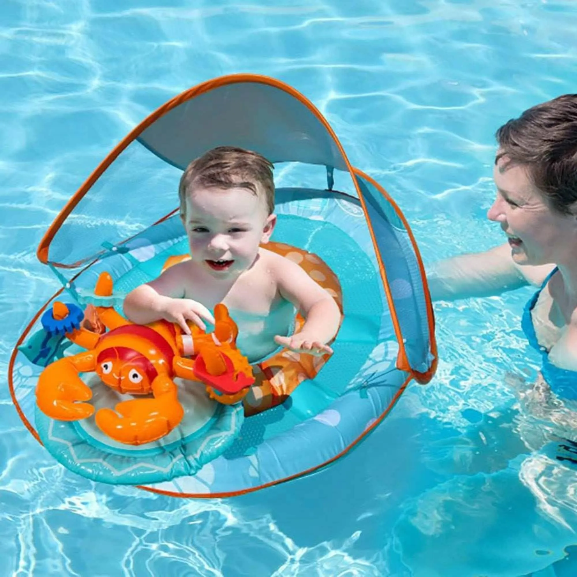 36" Inflatable Blue and Orange Lobster Baby Swimming Pool Float with Canopy