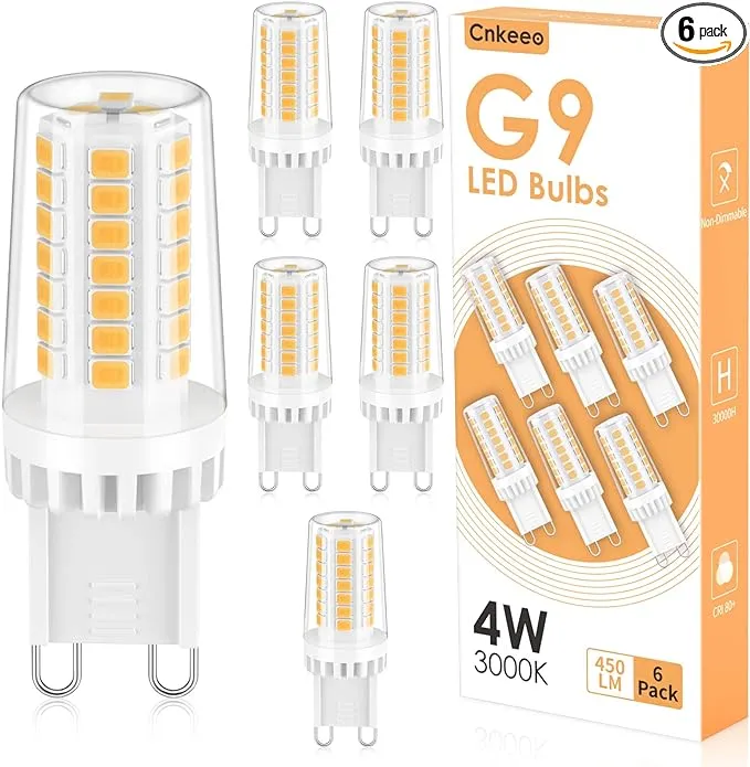 Cnkeeo G9 LED Bulb, 4W Daylight White 6000K, 450LM, 40W Halogen Equivalent, No Flicker, Non-Dimmable, 360°Beam Angle, Bi-pin Ceramic Base G9 Light Bulbs for Chandeliers Home Lighting, Pack of 6