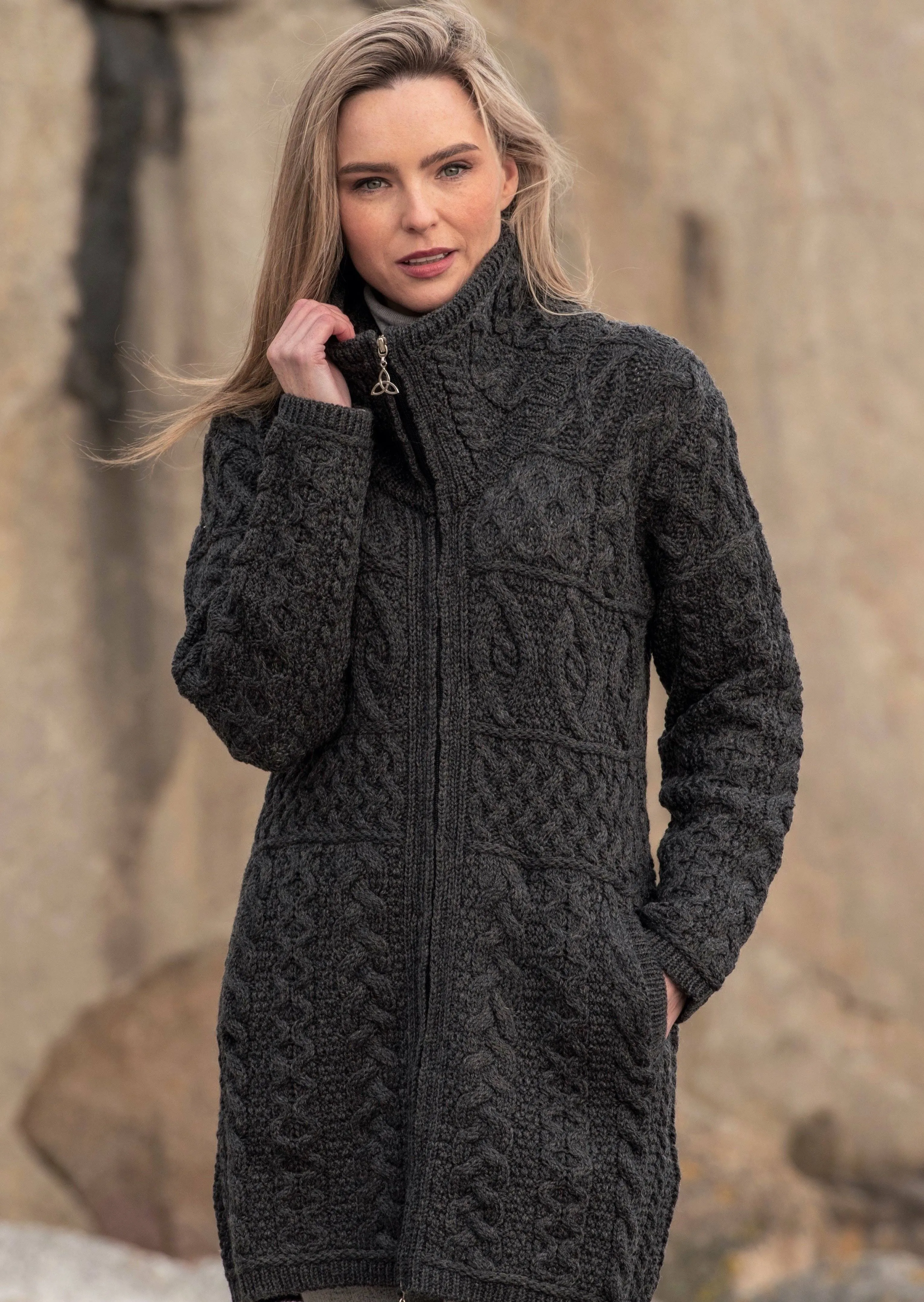 Aran Crafts Double Collar Coat, L / Charcoal