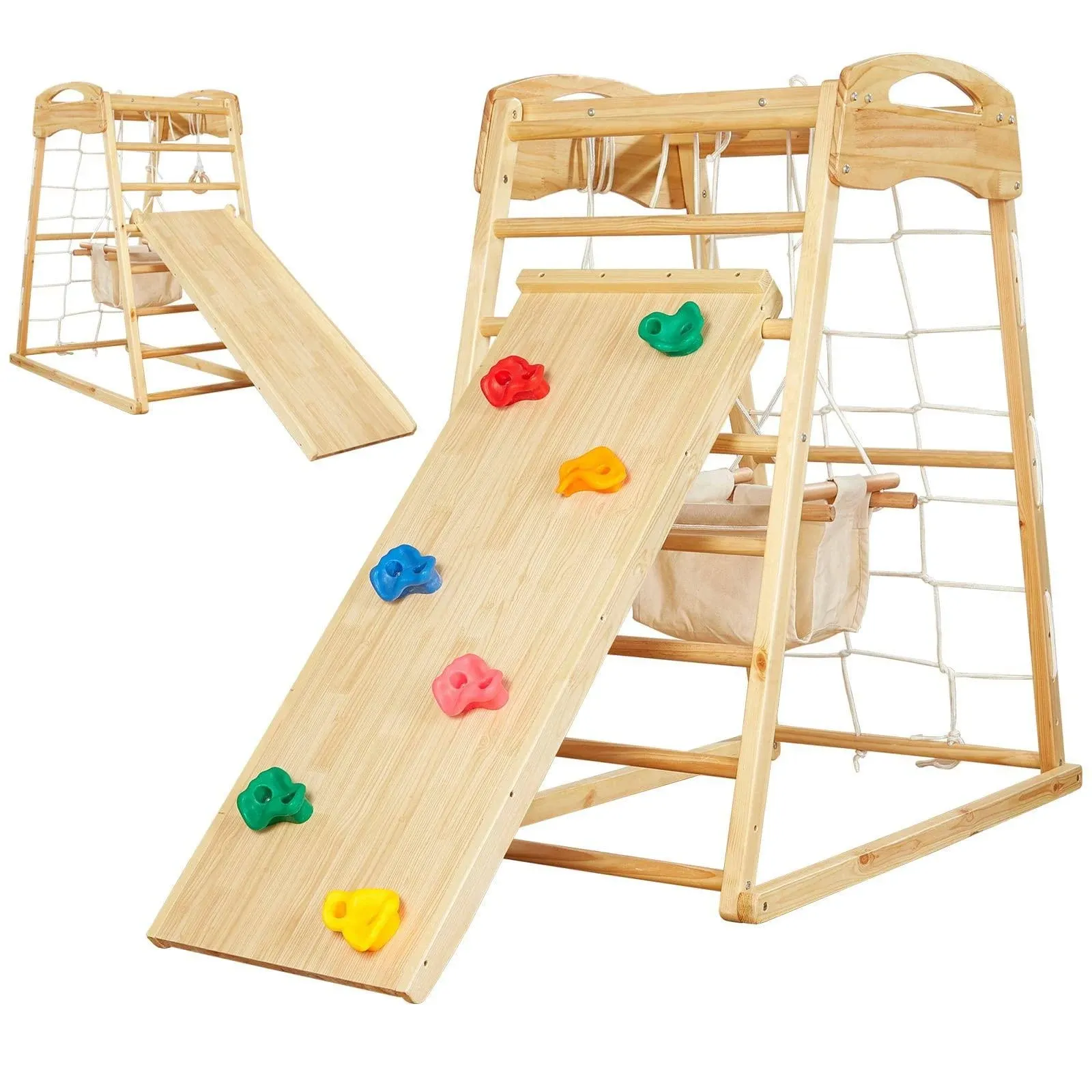 FUNLIO 7-in-1 Wood Indoor Playground for Toddlers 2-5, Montessori Climbing Toys with Solid Pine Wood, Indoor Jungle Gym for Kids