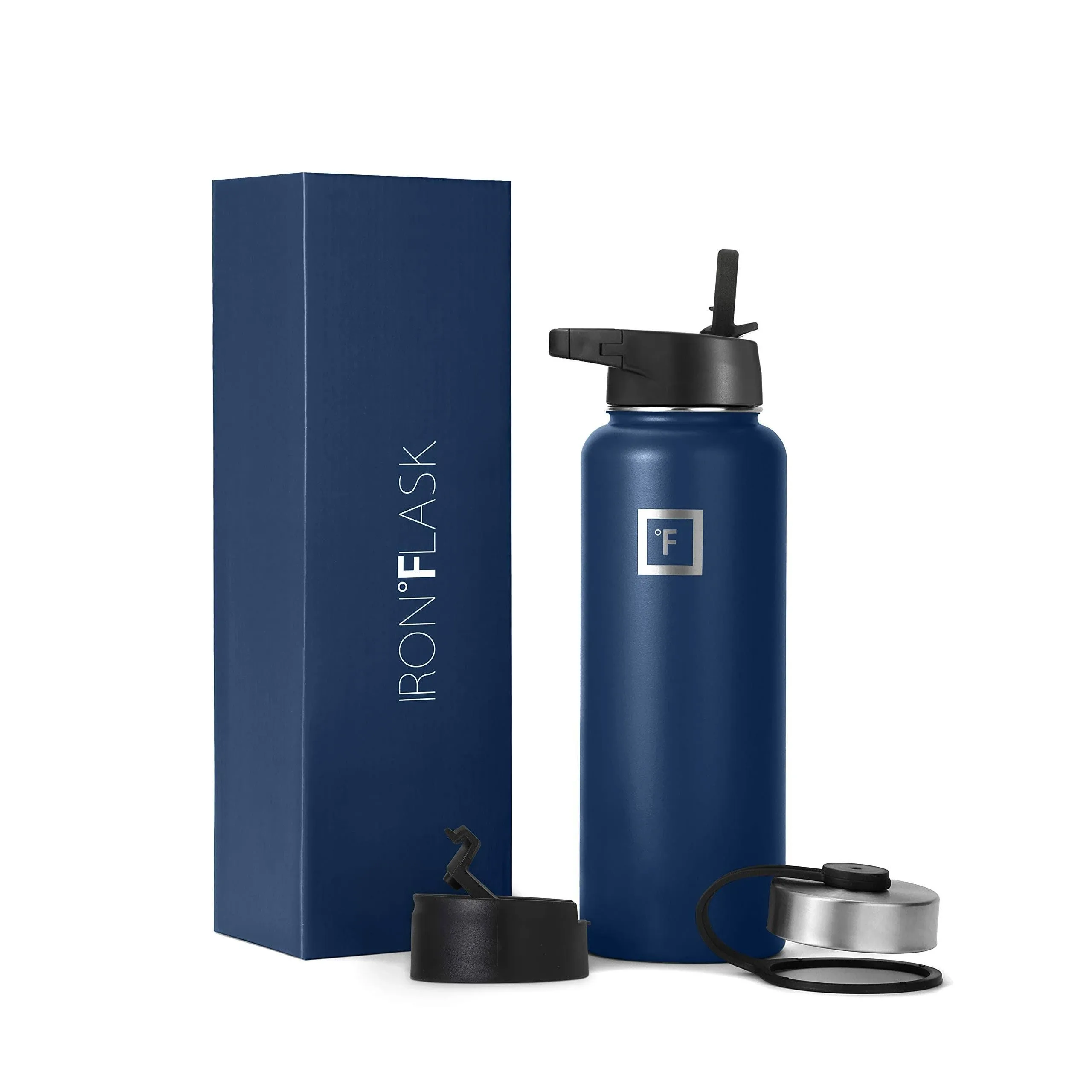 IRON °FLASK Camping & Hiking Hydration Flask with 3 Lids - Stainless Steel, Double Walled & Vacuum Insulated Water Bottle - Leak Proof & BPA Free (Twilight Blue, Straw - 40 oz)