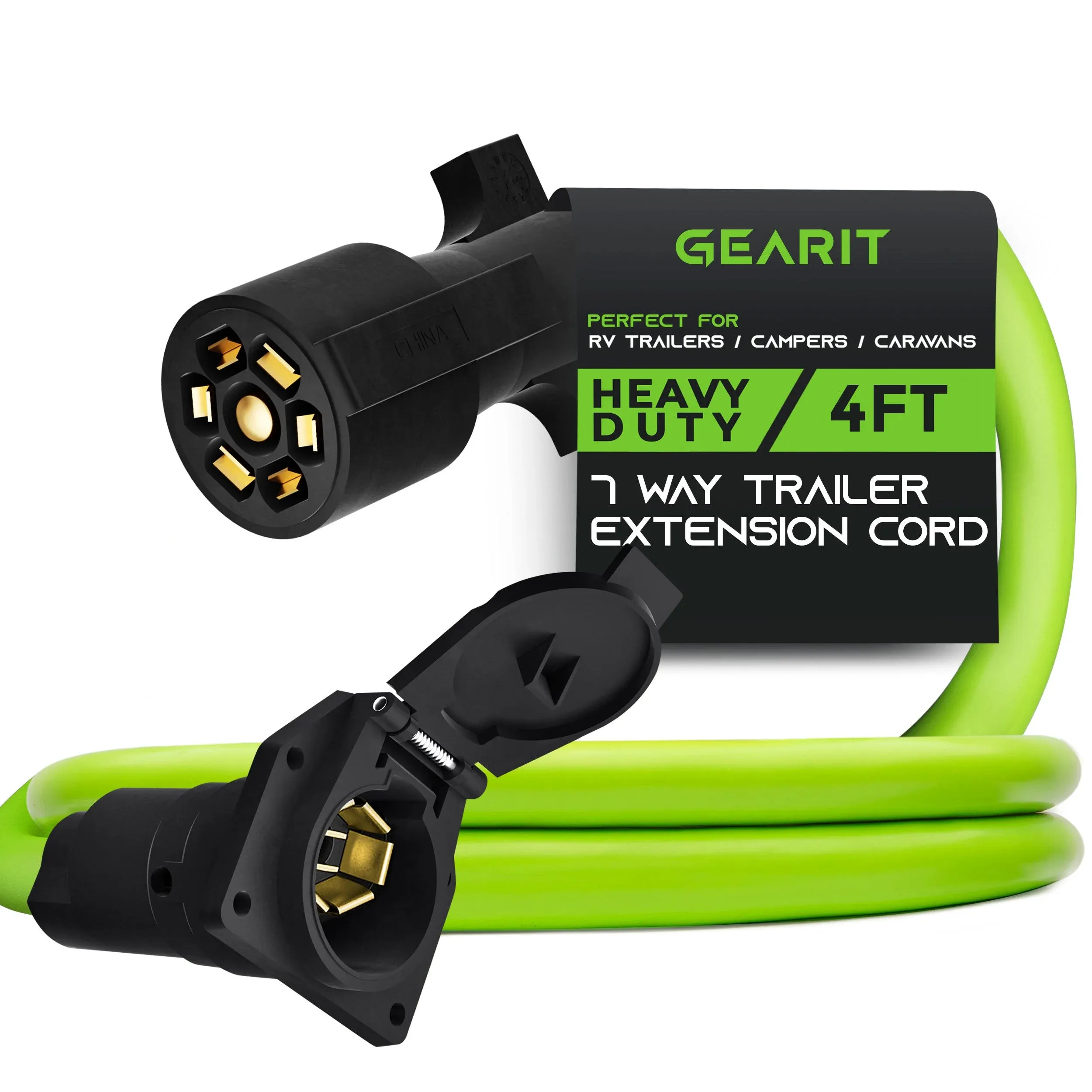 GearIT 7-Way Trailer Extension Cord (1 Foot) 7-Pin Trailer Plug Inline Cord Wire Harness Cable Double Prongs Connector for Gooseneck Hitch, Truck, Camper, RV - 1ft feet