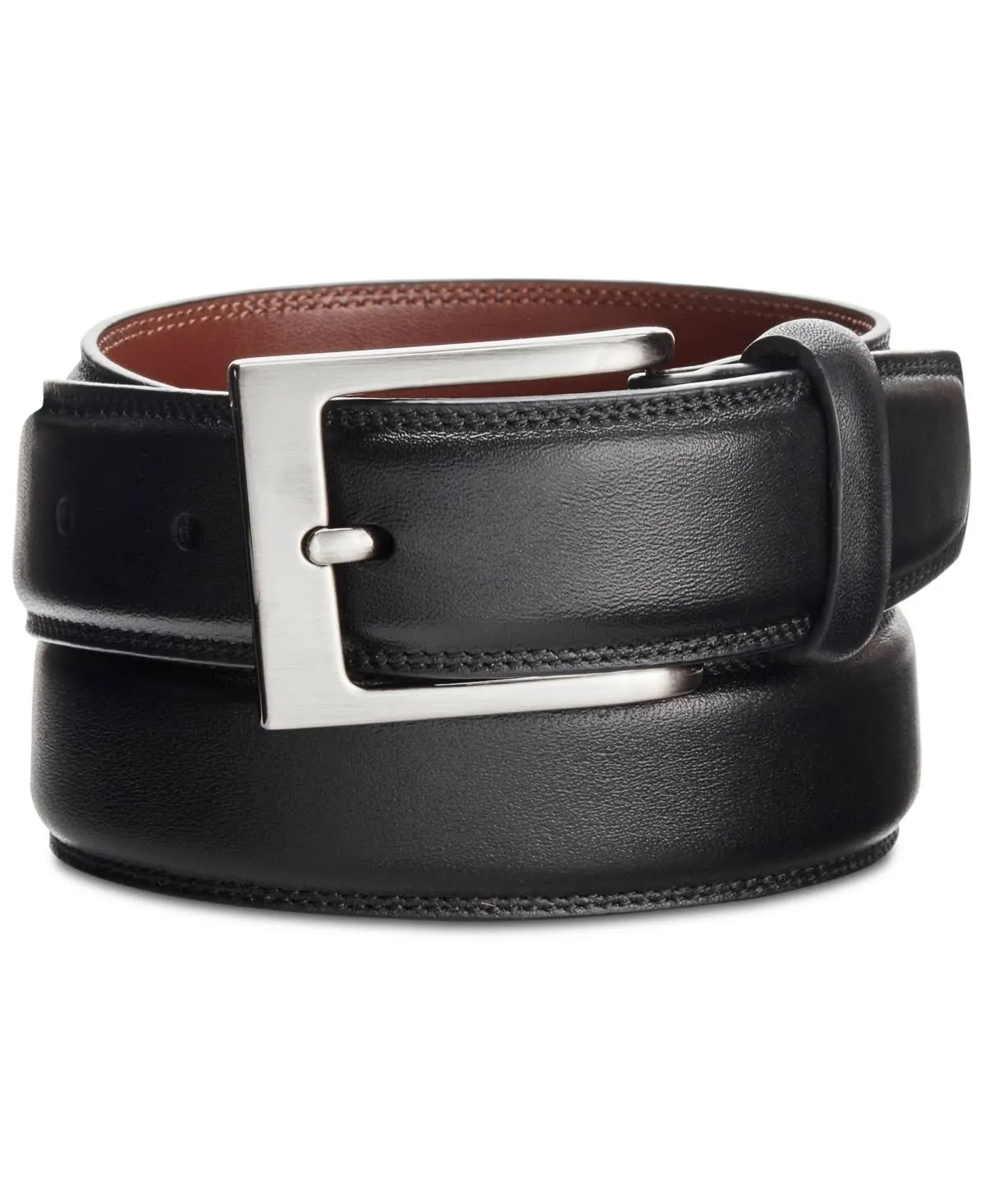 Perry Ellis Timothy Leather Men's Belt, 1.5" Width, Stitched Edges, Silver Prong Buckle, Smooth, Durable, Versatile & Elegant