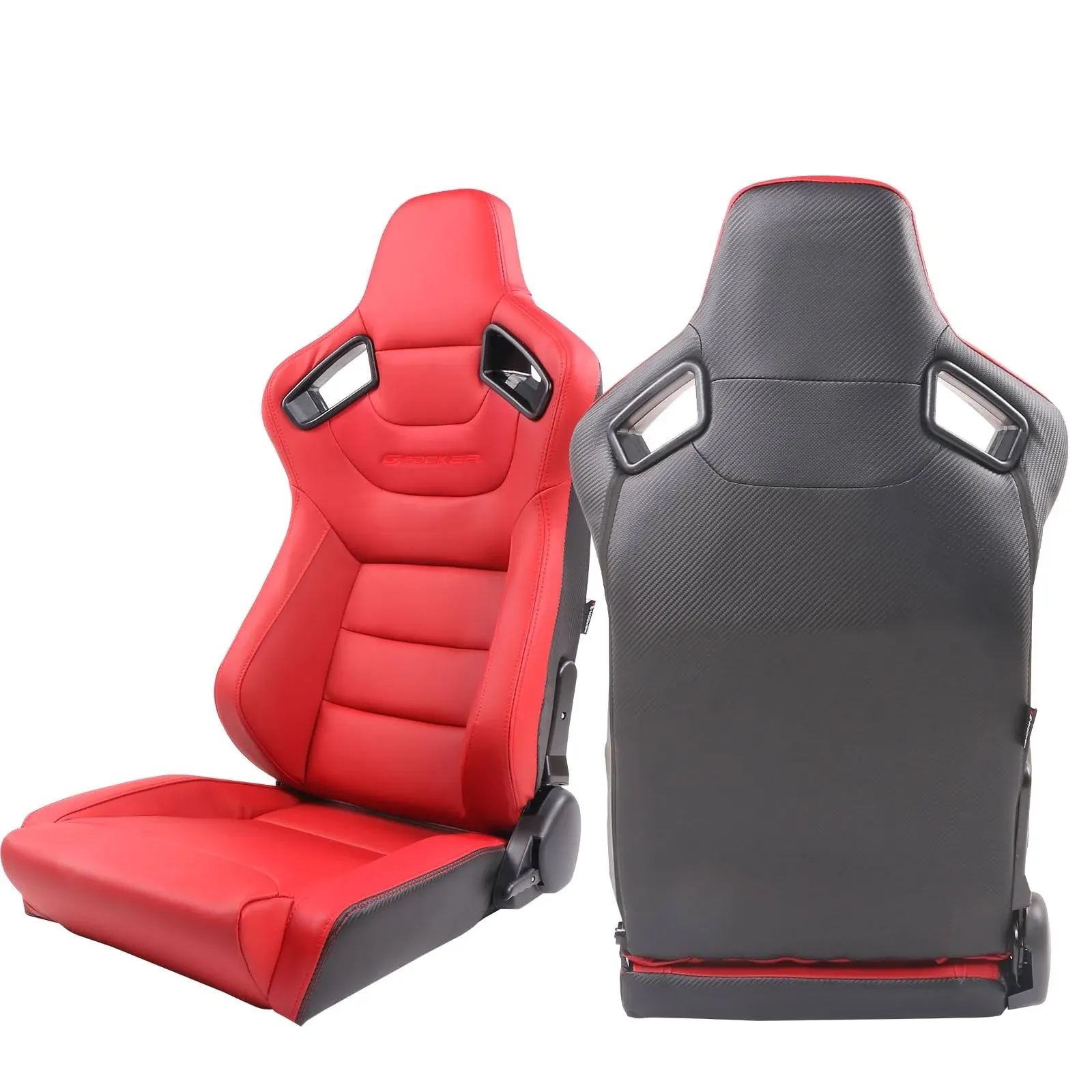 Ikon MOTORSPORTS, Universal Racing SEATS with Dual Sliders, Reclinable Red PU & Carbon Leather Sport Bucket Seats, 1 Pair Driver + Passenger Side, (