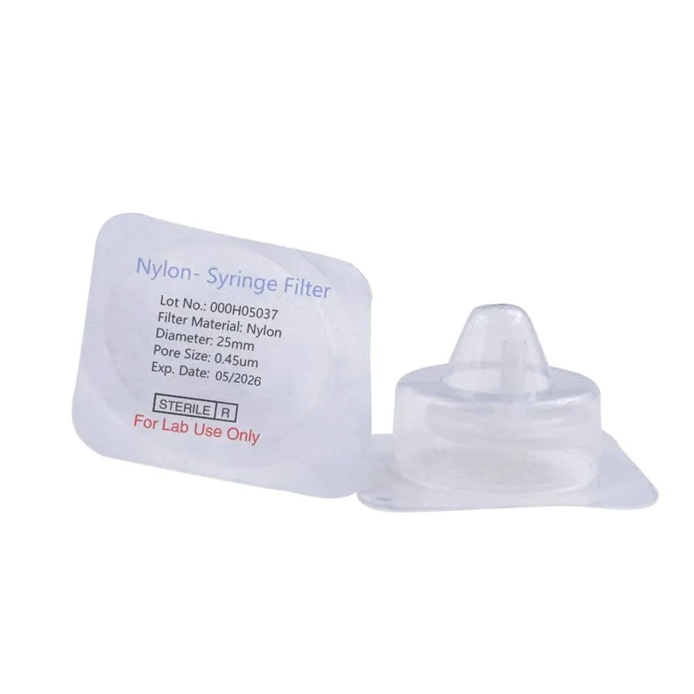 Sterile Syringe Filter Nylon Hydrophilic Filtration 0.45 um Pore Size, 25 mm Membrane Diameter Sterile Nylon Membrane Individually Packed 20/pk by Labfil