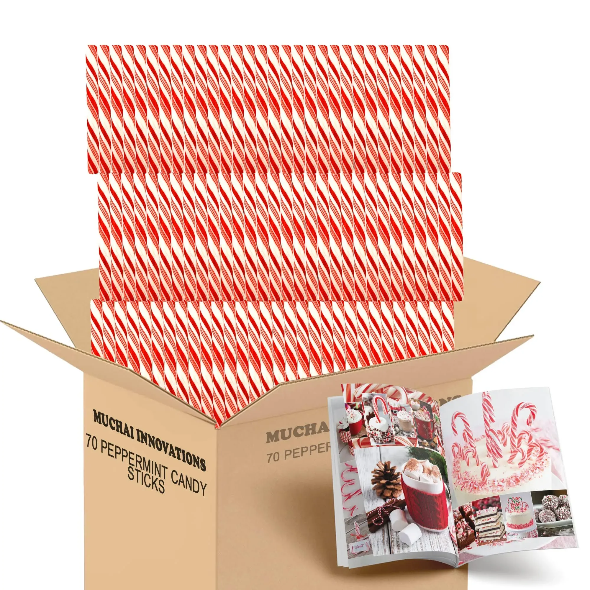 Sweet Soft Peppermint Candy Sticks | Mini Stir Stripes Mint Candy | 70 Sticks Perfect to Stir Hot Cocoa Coffee Tea Baking Eat Decor | Fat-Free | Free Creative Idea Booklet Included.