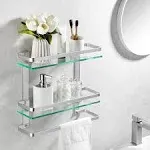 KES Bathroom Tempered Glass Shelf 2 Tier Storage Glass Shelf Rectangular with Bar Wall Mounted Sand Sprayed Anodized Aluminum Finish, A4127B