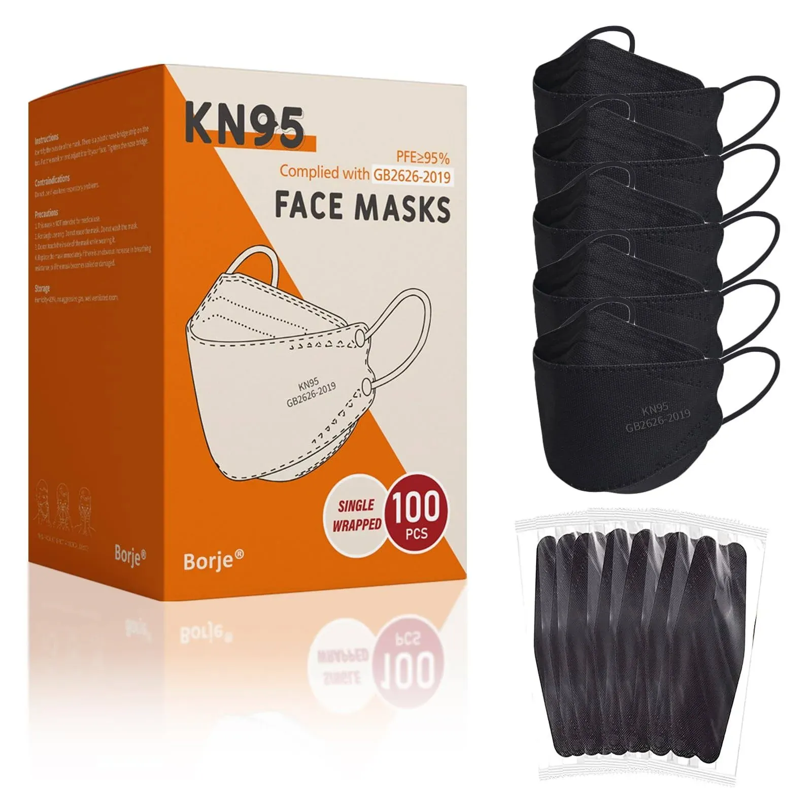 Borje KN95 Face Masks, 100 Pcs Disposable Face Masks, Black Mask Against PM2.5 from Fire Smoke & Dust Filter Efficiency 95%