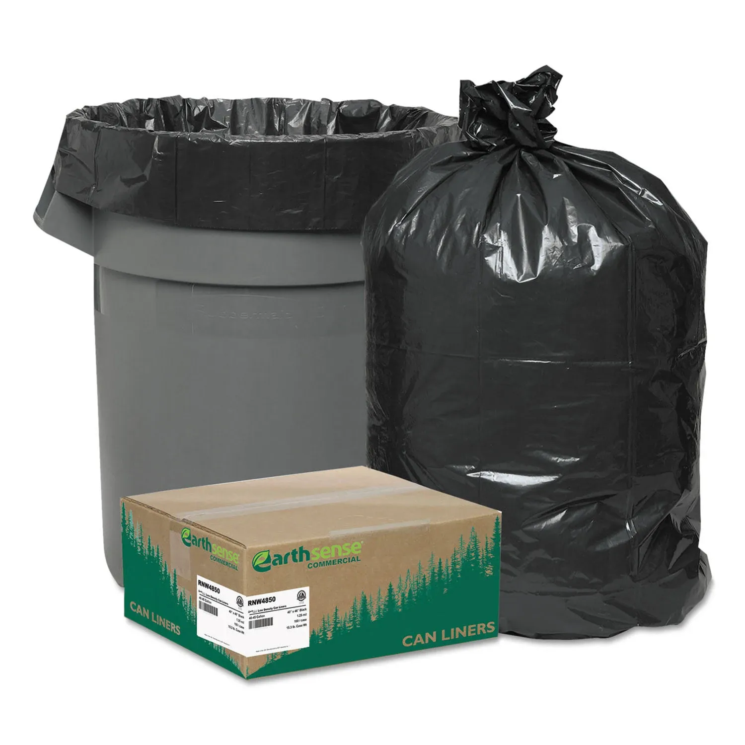 Earthsense 45 Gallon Industrial Trash Bag, 40" x 46", Low Density, 1.25 mil, Black, 100 Bags/Box (RNW4850-538959)