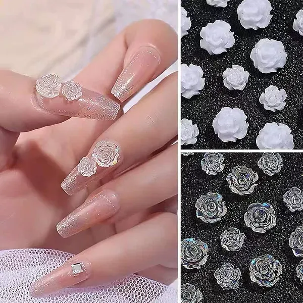 200PCS 3D Resin White Rose Flower Nail Art Charms 3D Flower Nail Art Accessories Exquisite Luxury Rose Nail Jewelry Sequins Decoration in 2 Styles for Nail Art Decoration or Jewelry Making（2 Colors）