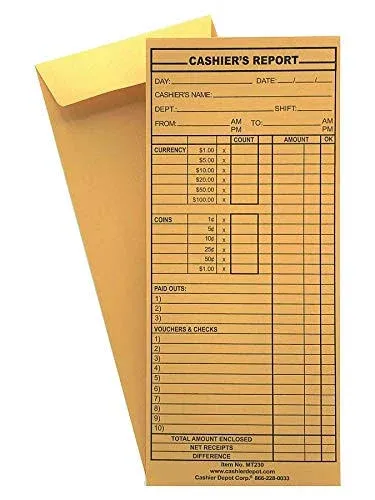 500 Cashier Depot MT230 Cashier's Report Envelope, 4 1/2" x 10 3/8", Brown Kraft 24lb., 500 Envelopes (Gum Flap)