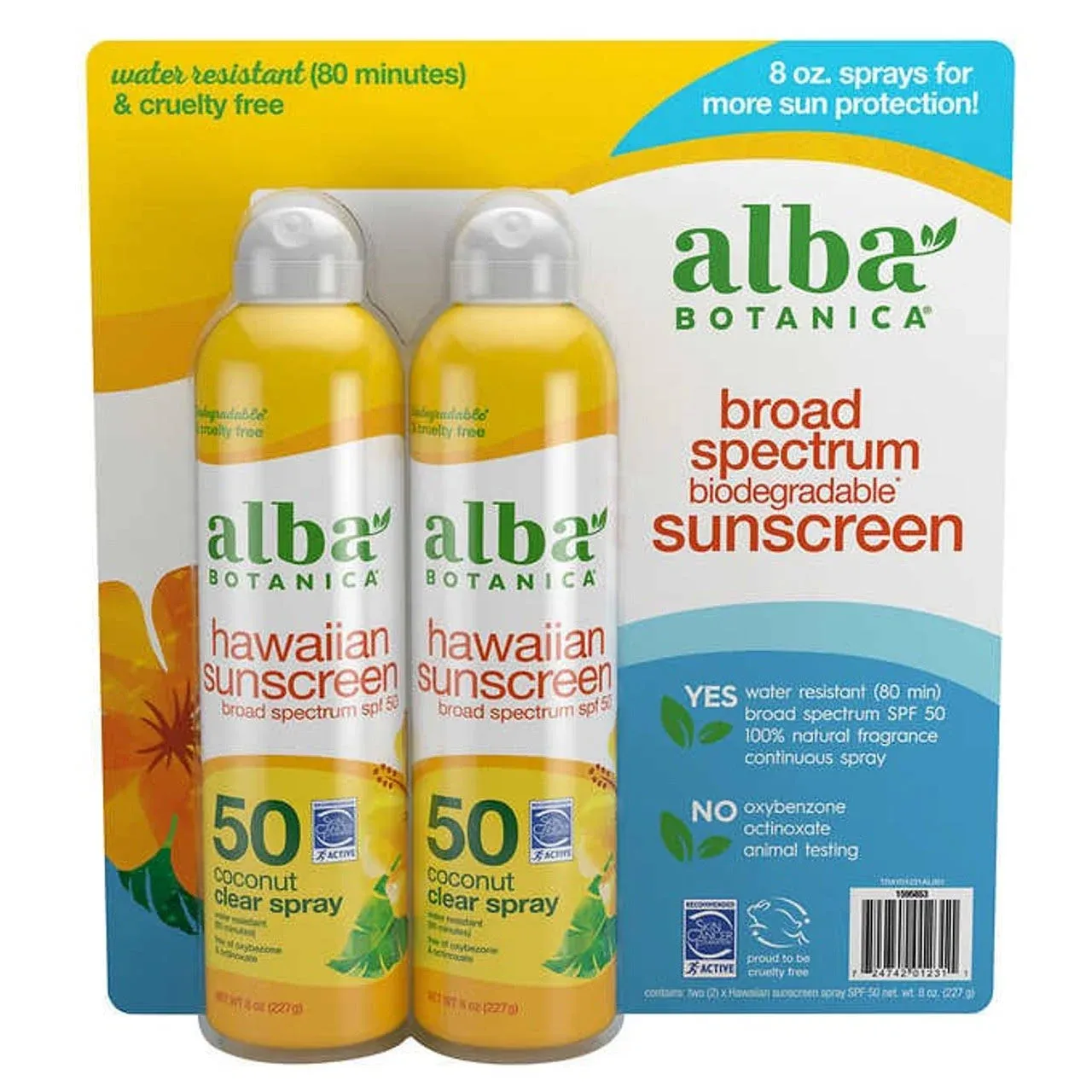 2pk Alba Botanica Hawaiian Sunscreen SPF 50 Coconut Clear Spray 8oz./227g M64C