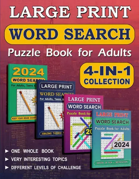 4-IN-1 Word Search Puzzle Book for Adults: Word Search Books for Adults Large Print. Brain Game & Activity Book for Adults, Teens & Seniors.