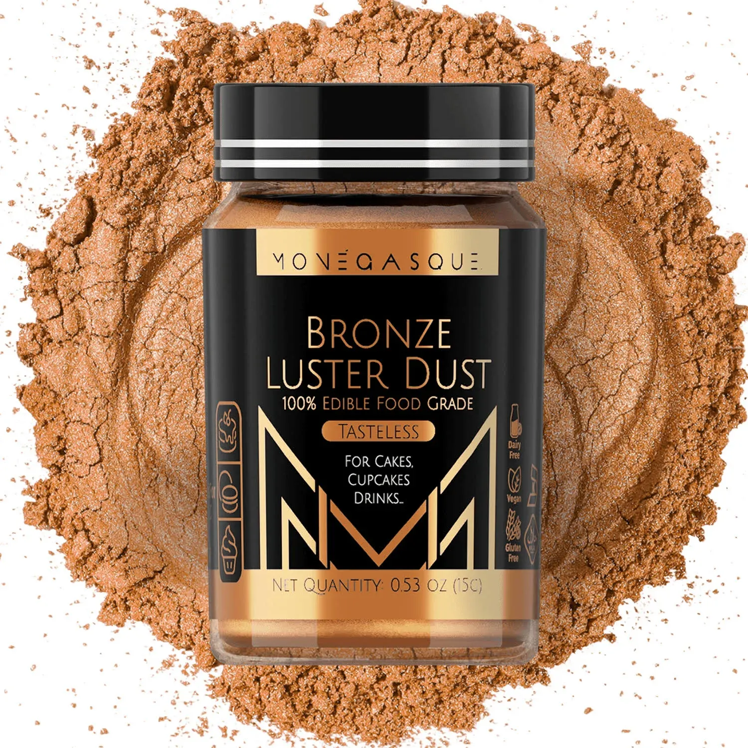 MONÉGASQUE Bronze Edible Lustre Dust for Drinks & Desserts 15g – Food Colour Dust for Cake Decorating & Chocolates – No Gluten or Dairy – Vegan Lustre Dust Champagne Shimmer & Edible Glitter