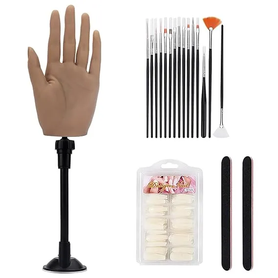 Silicone Practice Hand for Acrylic Nails with Bracket,Realistic Nail Practice Hand Stand, Flexible Bendable Nail Training Mannequin Hand for Nails Practice Nail Art Tools (Left Hand)