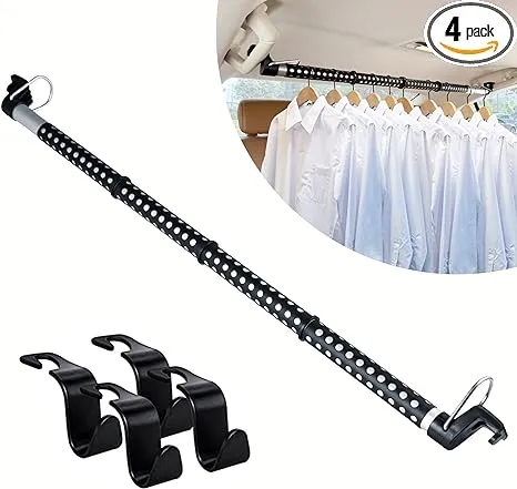 Car Clothes Hanger Bar with 4 Pack Car Seat Headrest Hook, Expanded to 65 inches, Clothes Rack for Car, Stainless Steel Heavy Duty Car Clothes Rod for Sedans, Trucks, SUVs, Vans, RVs, Road Travelers