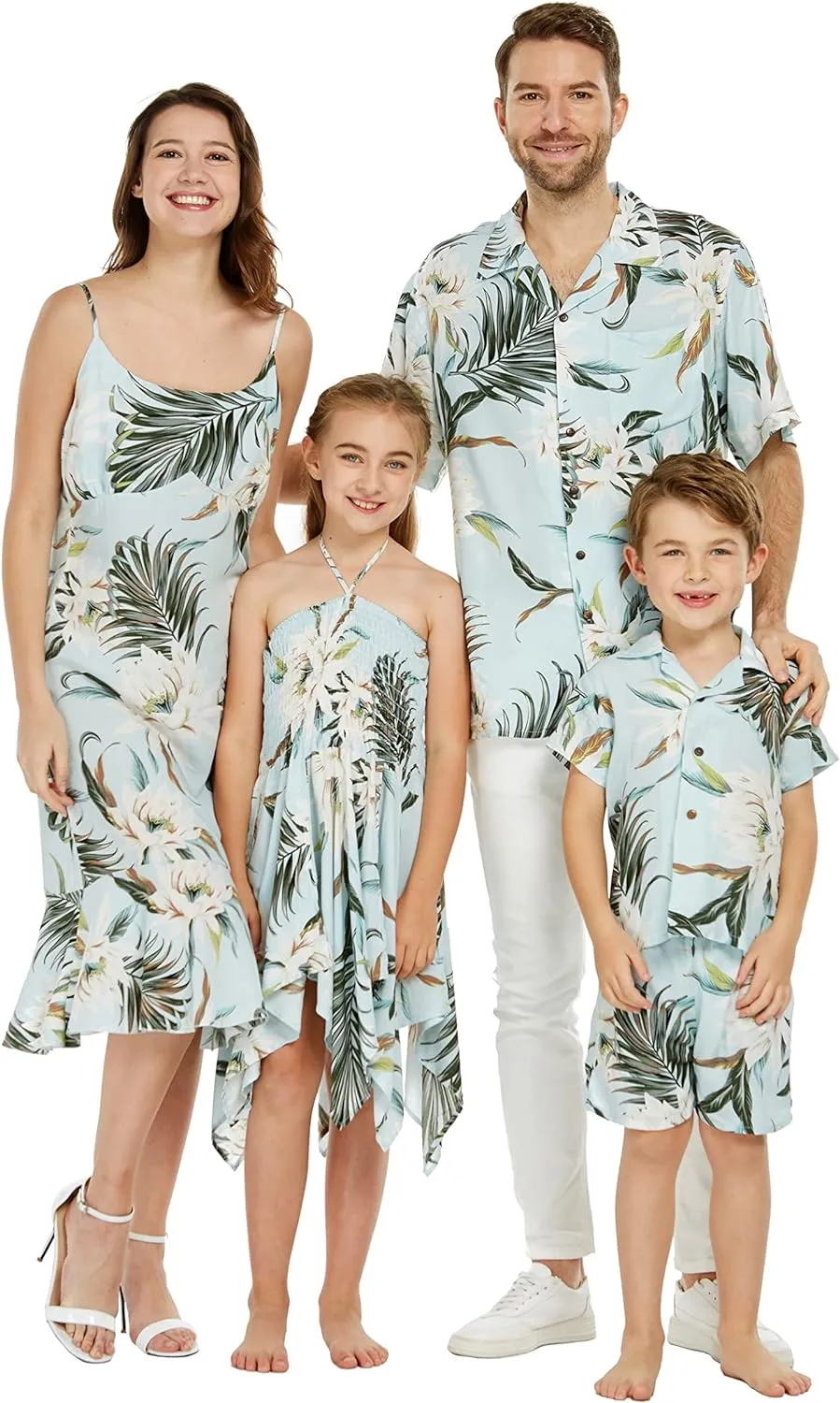 Matchable Family Hawaiian Luau Shirts, Wispy Cereus Light Blue, Men, Large