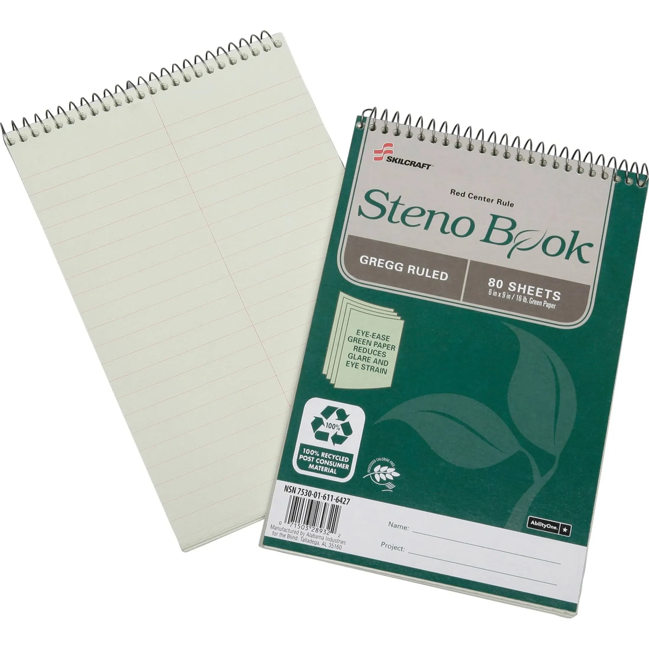 SKILCRAFT Steno Notebooks, 6" x 9", Legal/Wide Ruled, 160 Pages (80 Sheets), 100% Recycled, Green, Pack Of 6 (AbilityOne 7530-01-611-6427)