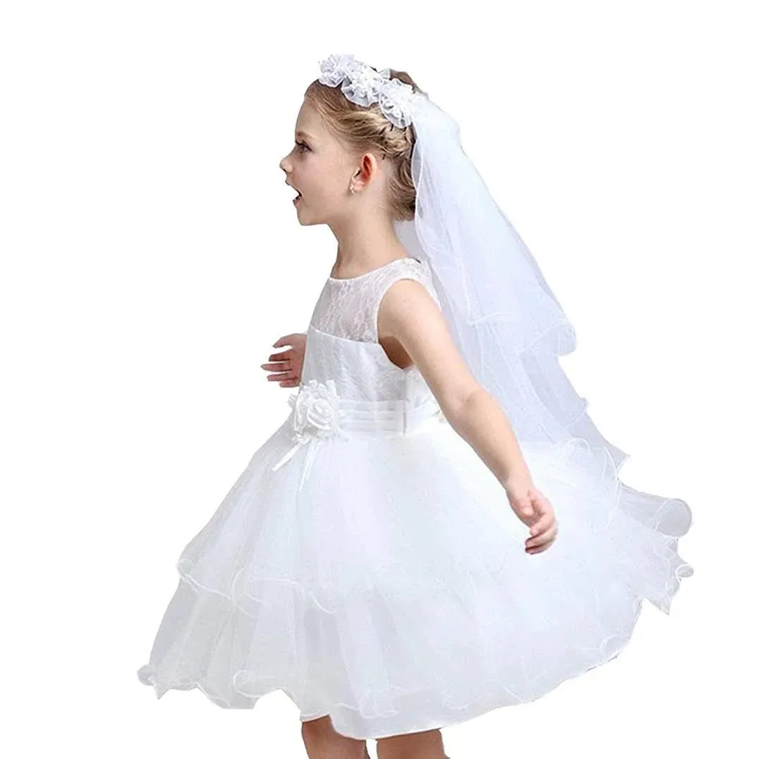 Flower Girls Veils, Girls Veil Girls' White Pearl Center Floral Crown First Holy Communion Veils for Girl