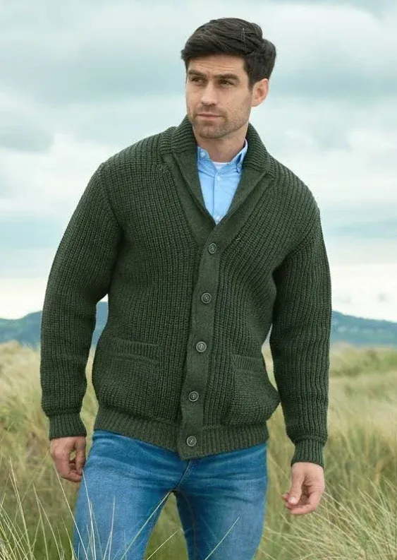 Aran Crafts Men's Irish Cable Knitted Ribbed Shawl Cardigan (100% Merino Wool)