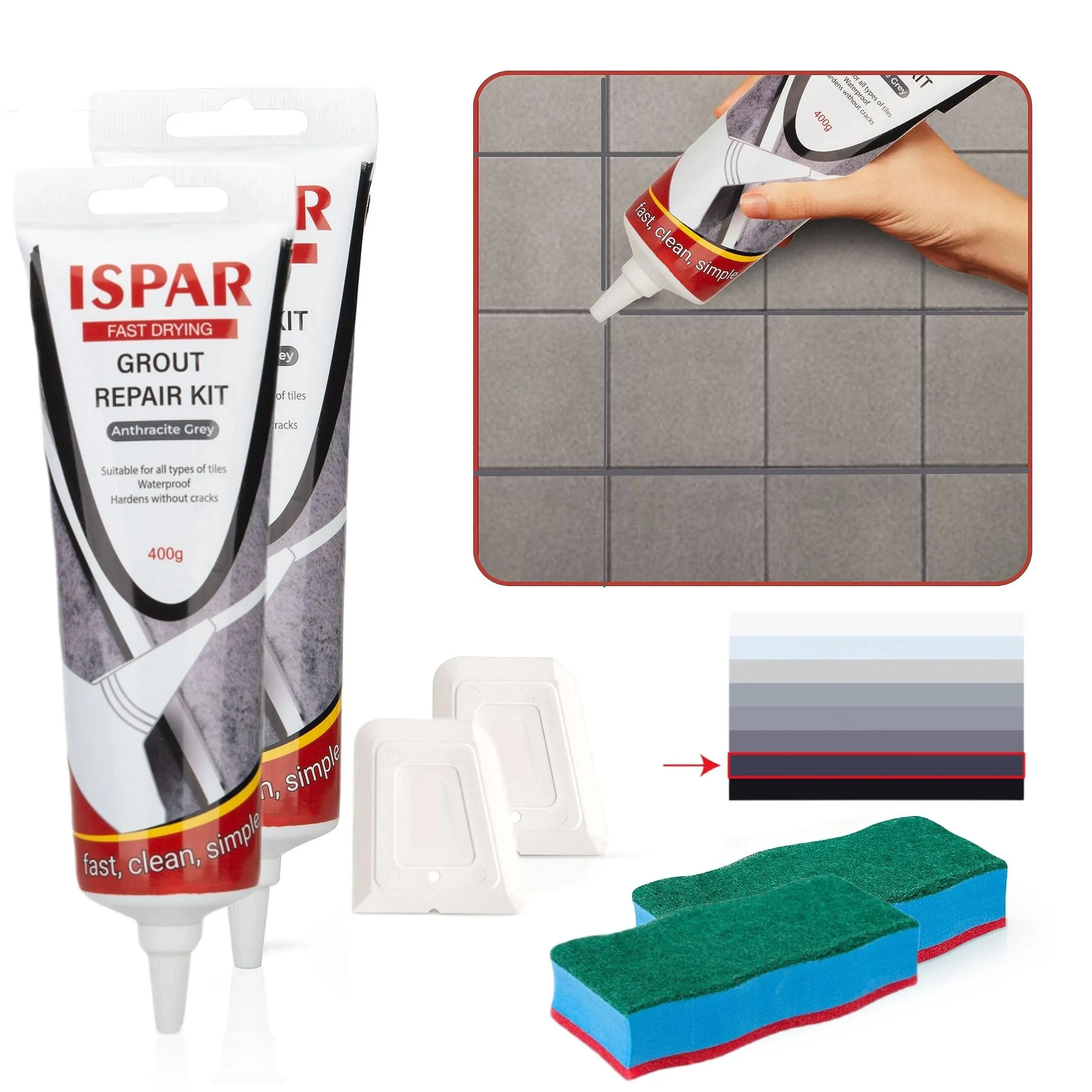 ISPAR Tile Grout Repair Kit (28 oz/ 800g) for Wall and Floors Tile Joints with Spatula and Sponge, Fill and Reviver The Joints, Quick-Drying, Ready Mixed Grout (Anthracite Grey (Pack of 2))