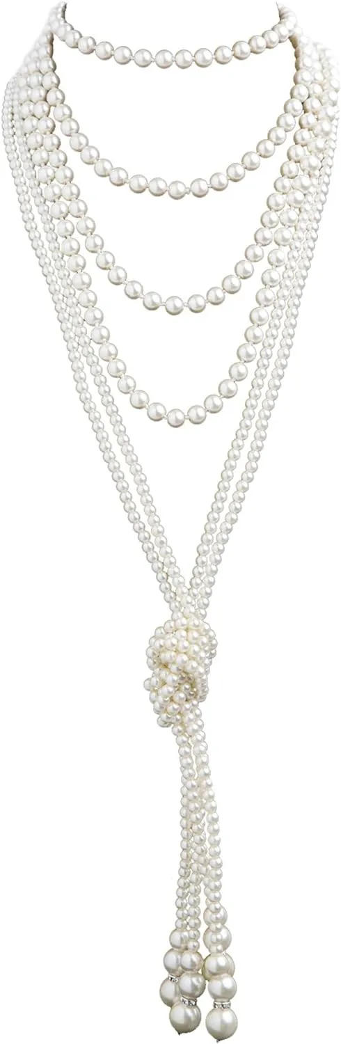 Cizoe 1920s Pearls Necklace Fashion Faux Pearls Gatsby Accessories Vintage Costume Jewelry Cream Long Necklace for Women