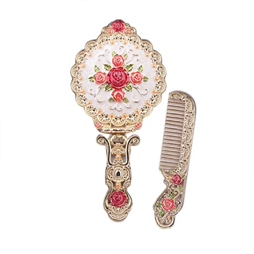 Nerien Vintage Mirror Comb Set Metal Antique Rose Style Handheld Makeup Mirror Travel Round Folding Cosmetic Mirror Women's Vanity Handle Foldable Mirror Decorative Tabletop Mirror Gold-1