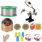 Makeronics Soldering Starter Kit for Electrical Soldering |0.14 lb/62g 0.8mm Solder Wire Rosin Core Sn99 Ag0.3 Cu0.7| Iron Tip Cleaner with 3 Brass Ball | Helping Hands Soldering Aid