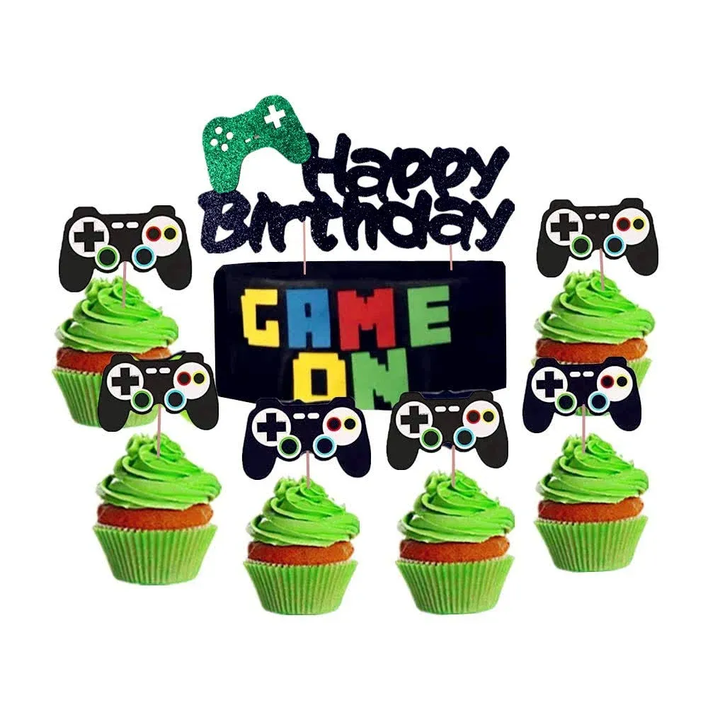 25 PCS LaVenty Black GAME ON Cupcake Toppers Video Game Cupcake Toppers set Gaming Party Decoration Boys Birthday Party Banners for Game Theme Party